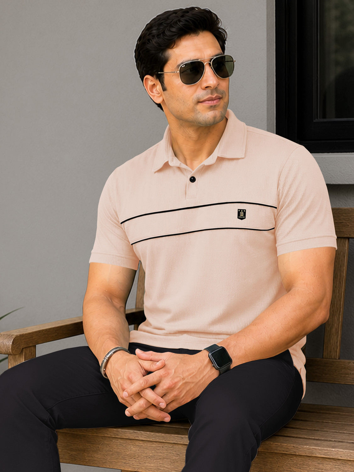 Image of VeBNoR Solid Men Polo Neck Beige T-Shirt