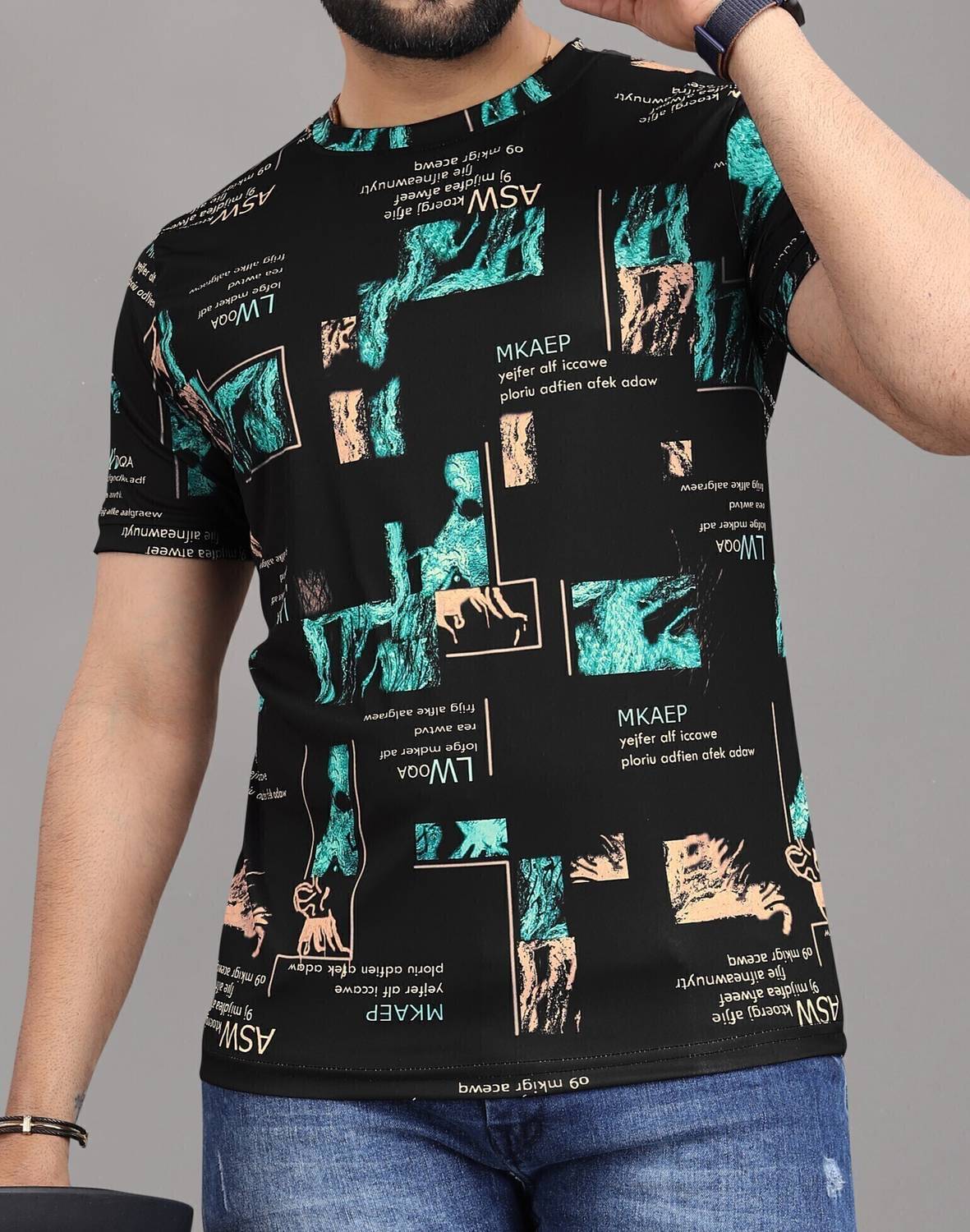 sti Men Printed Round Neck Polyester Blue T-Shirt