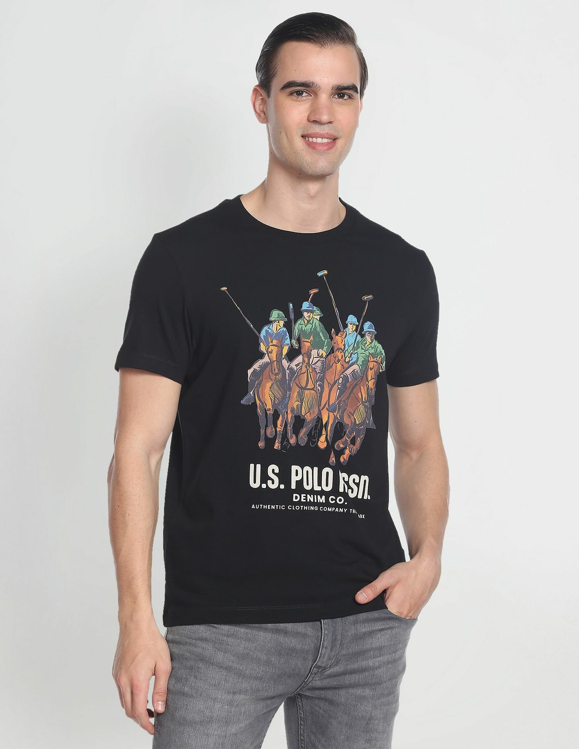 Image of U.S. POLO ASSN. Printed, Typography Men Round Neck Black T-Shirt