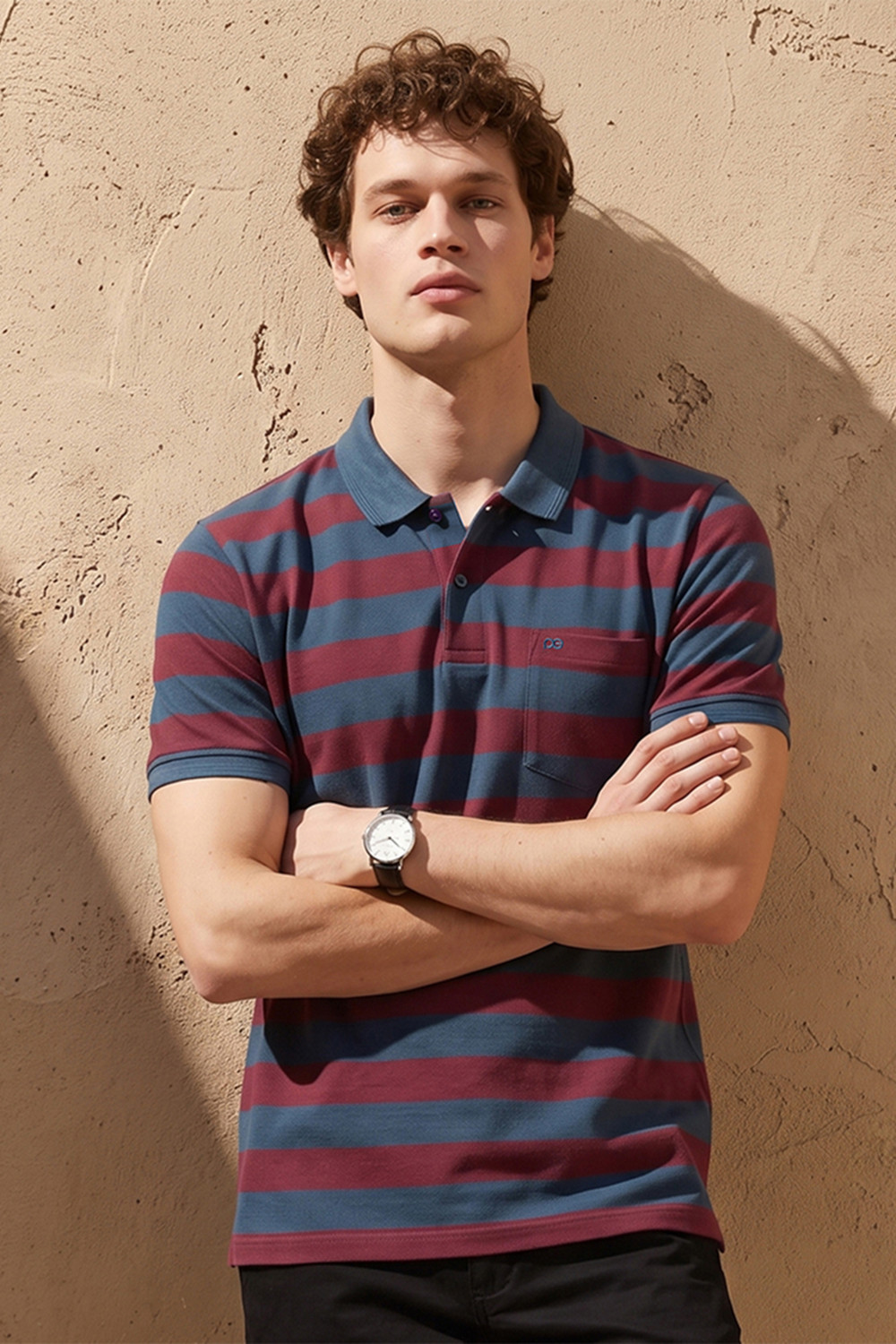 Image of PETER ENGLAND Striped Men Polo Neck Blue T-Shirt