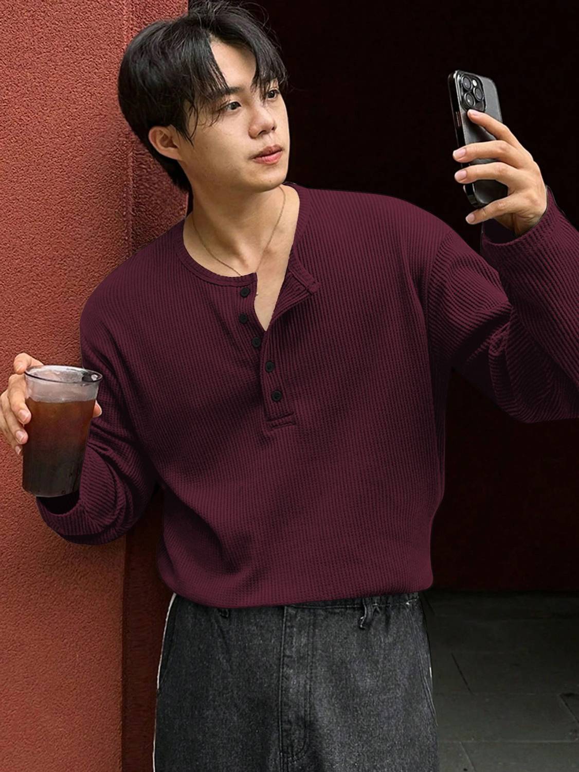 NOOK Men Mandarin Collar Maroon T-Shirt - Image 1