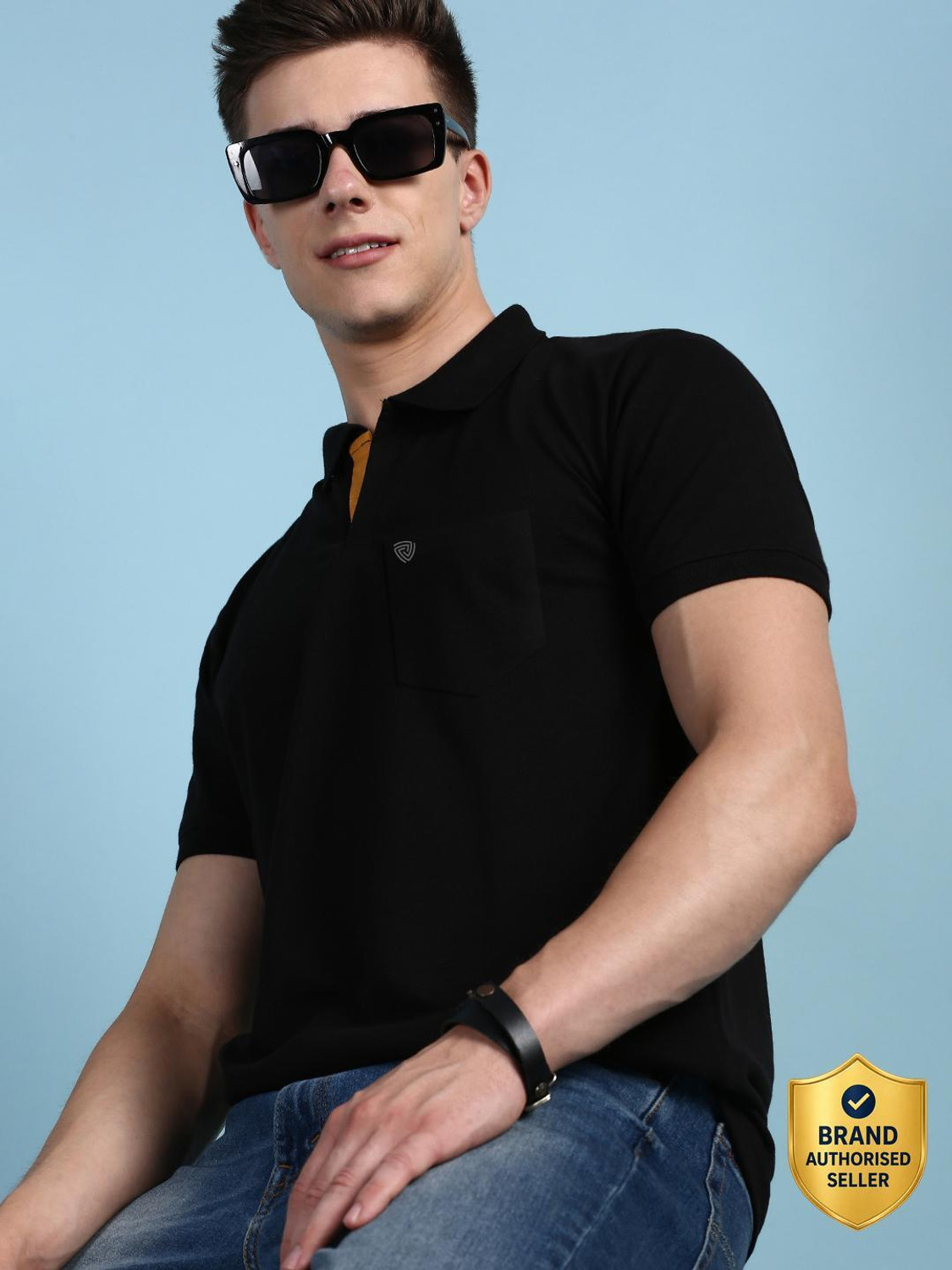 Image of LUX cozi Solid Men Polo Neck Black T-Shirt