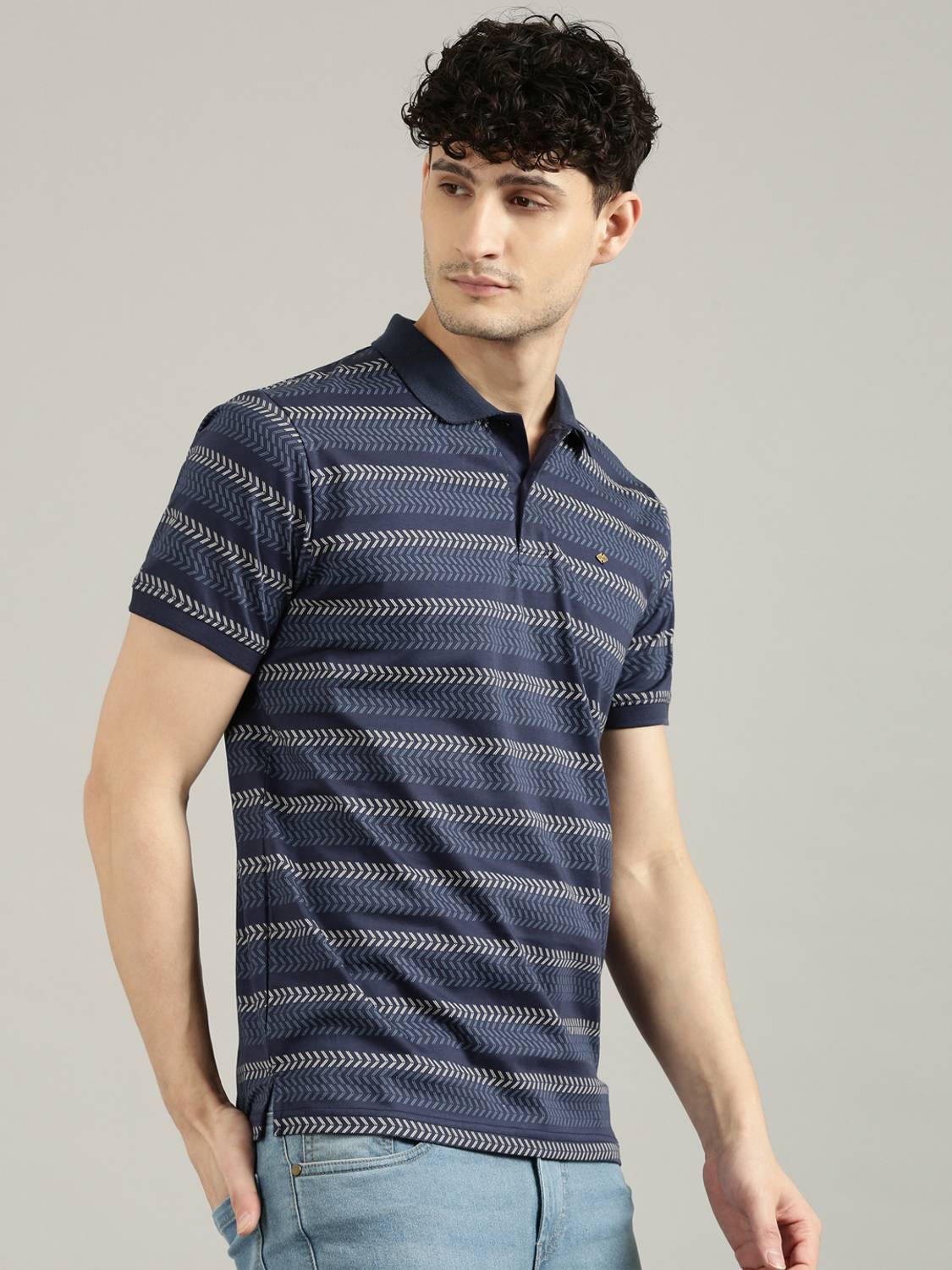JOVEN Men Printed Polo Neck Pure Cotton Navy Blue T-Shirt