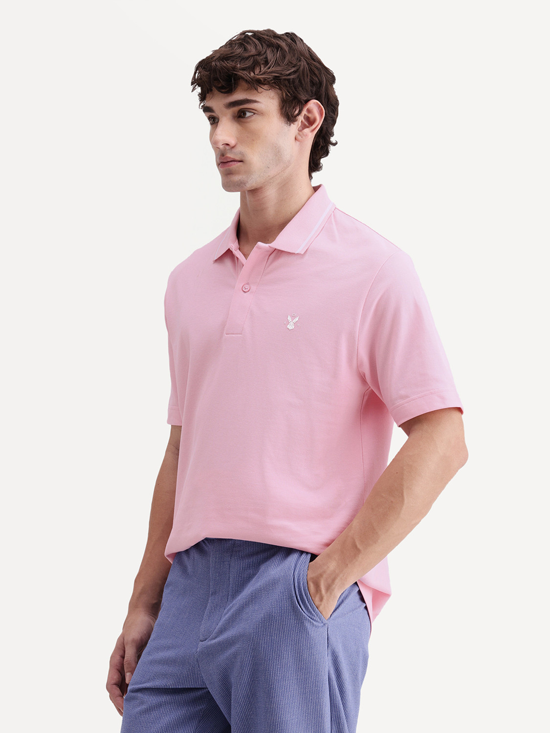 Image of RARE RABBIT Solid Men Polo Neck Pink T-Shirt