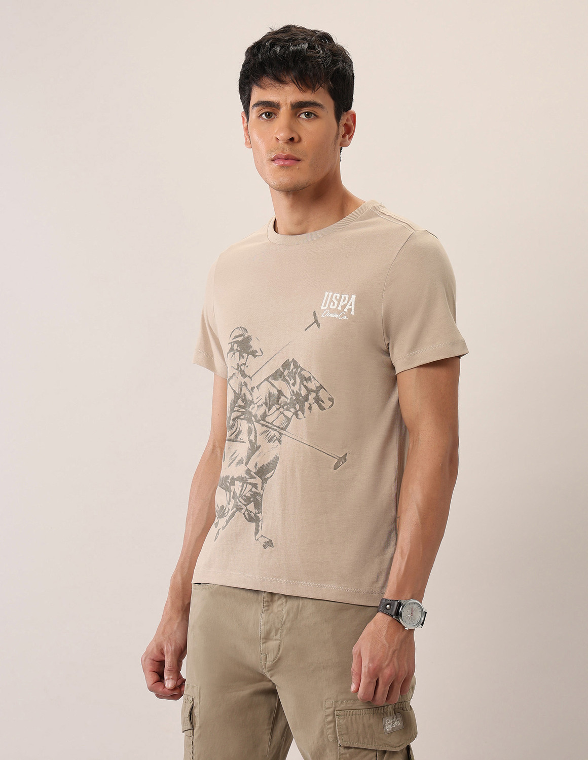 Image of U.S. Polo Assn. Denim Co. Men Printed Crew Neck Pure Cotton Beige T-Shirt