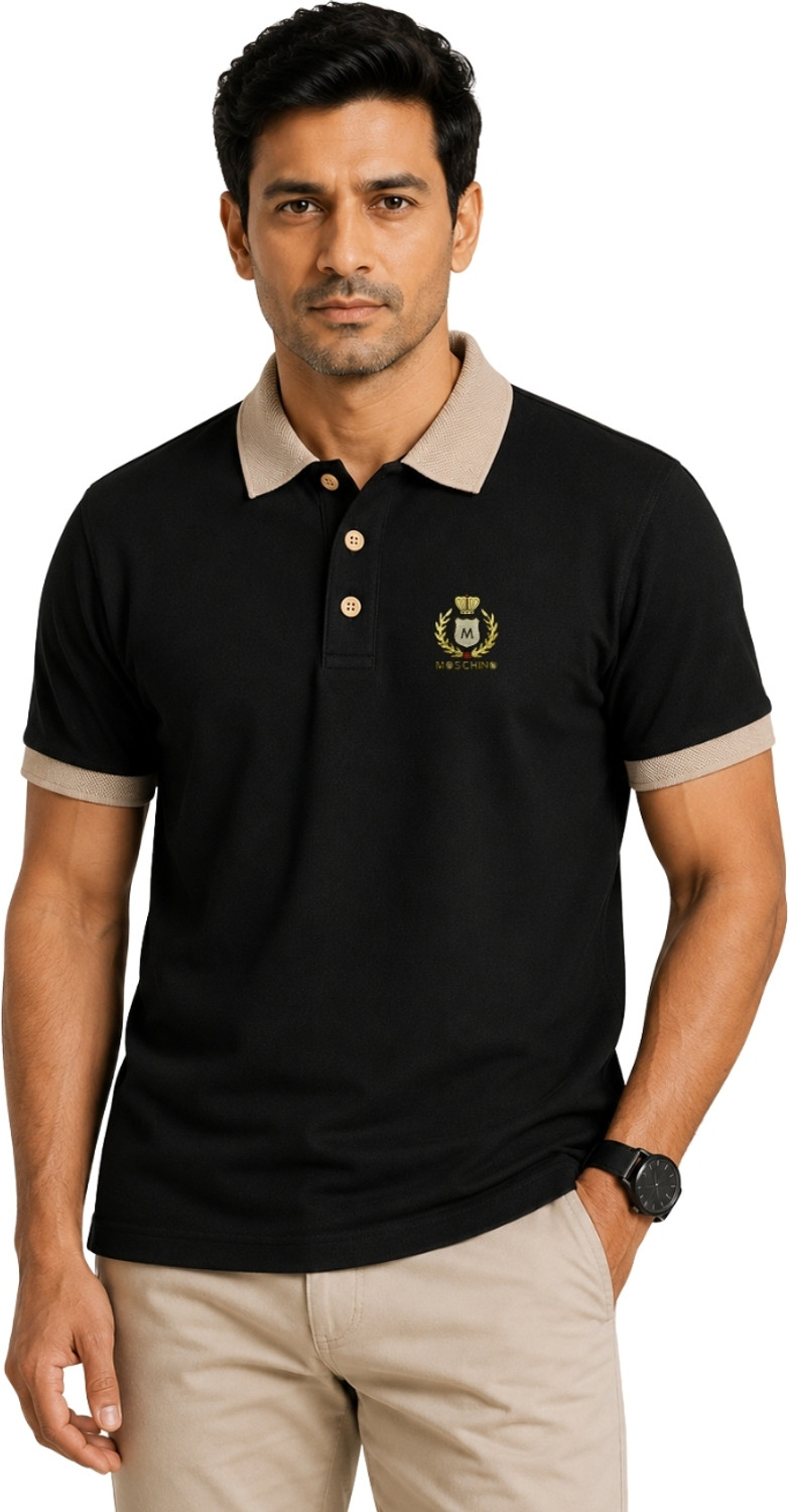 Image of Elivaro Embroidered Men Polo Neck Black T-Shirt