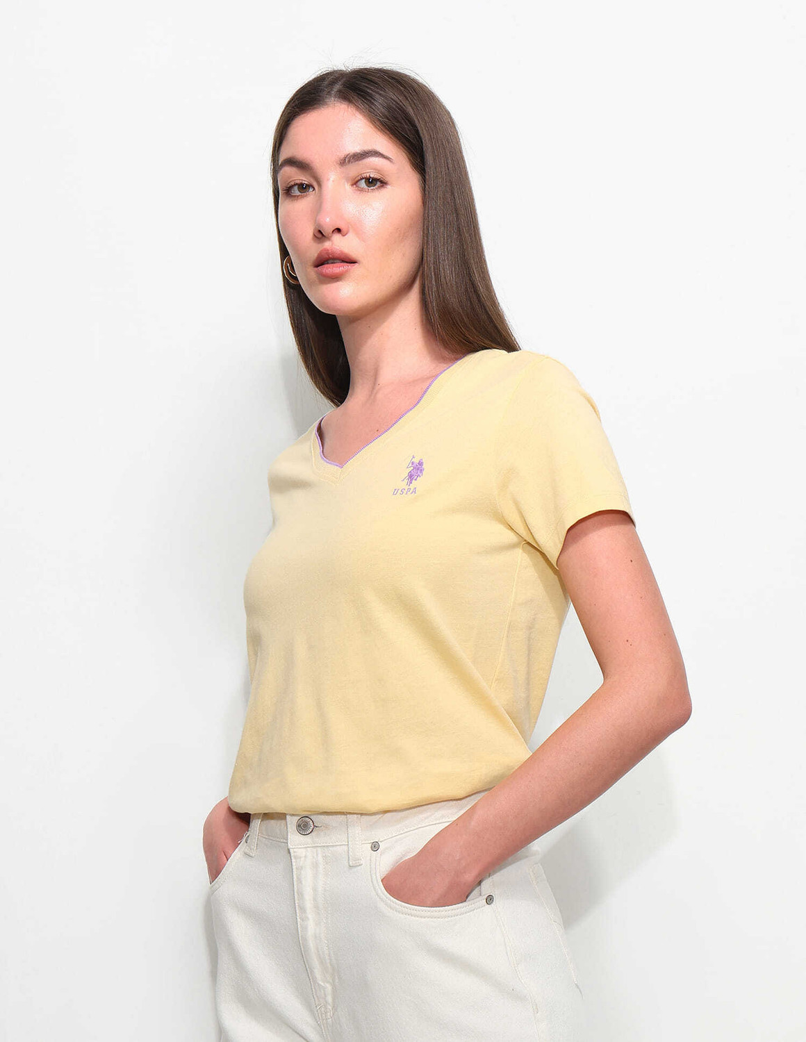 Image of U.S. POLO ASSN. Solid Women V Neck Yellow T-Shirt