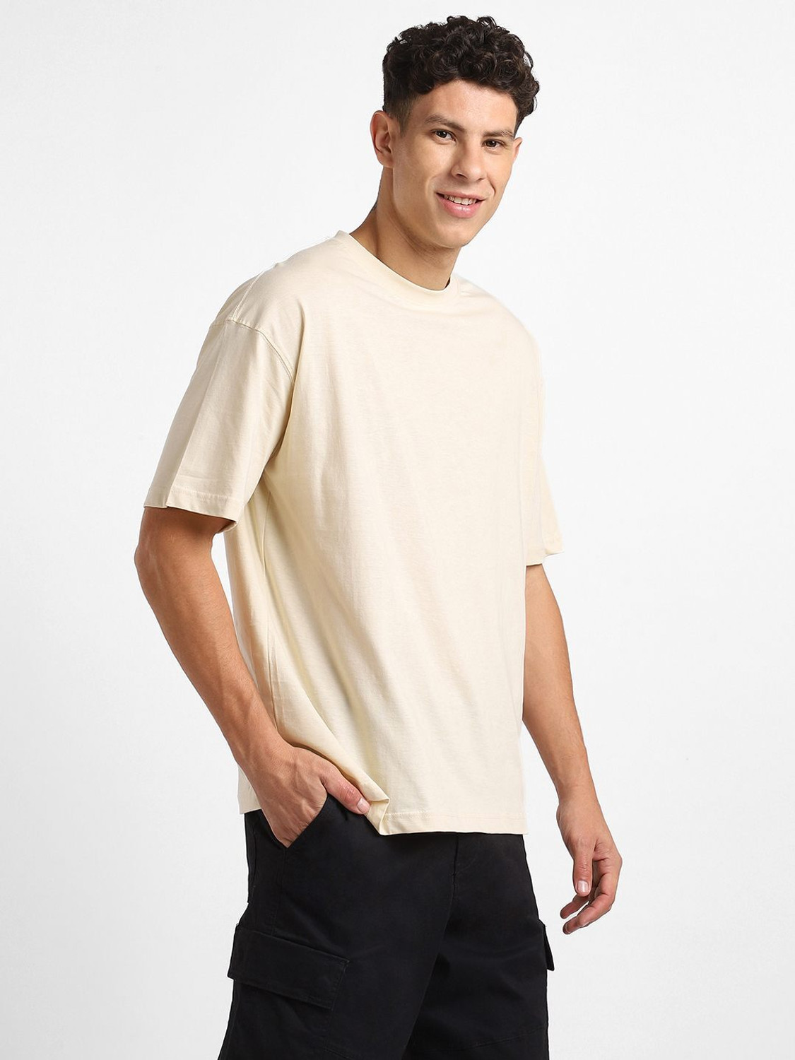 Image of NOBERO Solid Men Round Neck Beige T-Shirt