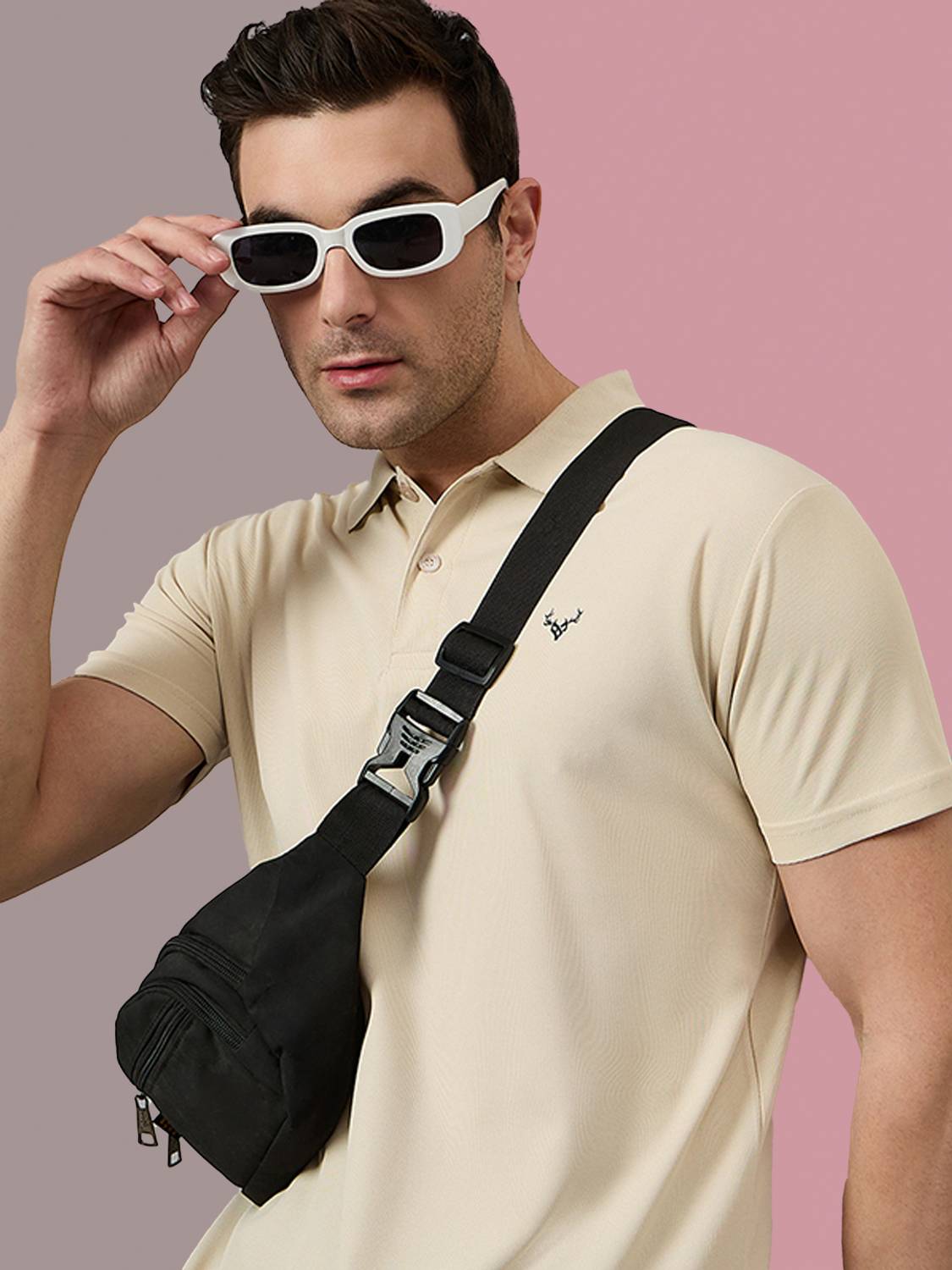 BRONATION Solid Men Polo Neck Beige T-Shirt