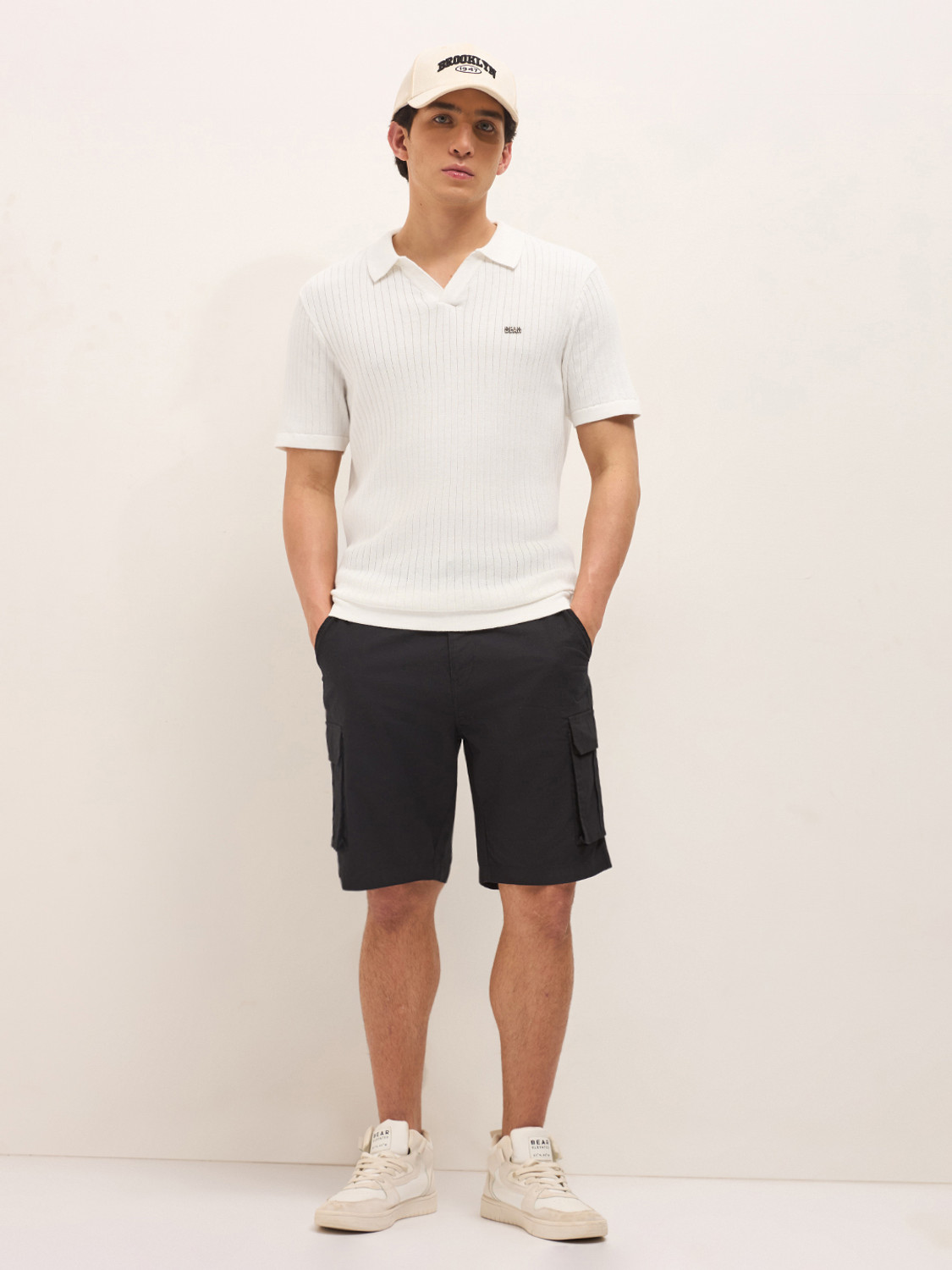 Image of THE BEAR HOUSE Striped Men Polo Neck White T-Shirt