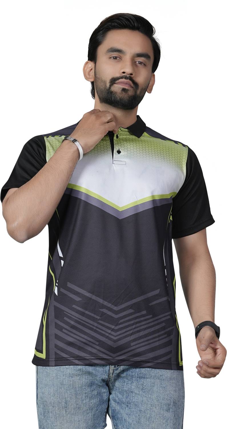 Rajgharana Men Geometric Print Polo Neck Cotton Blend Multicolor
