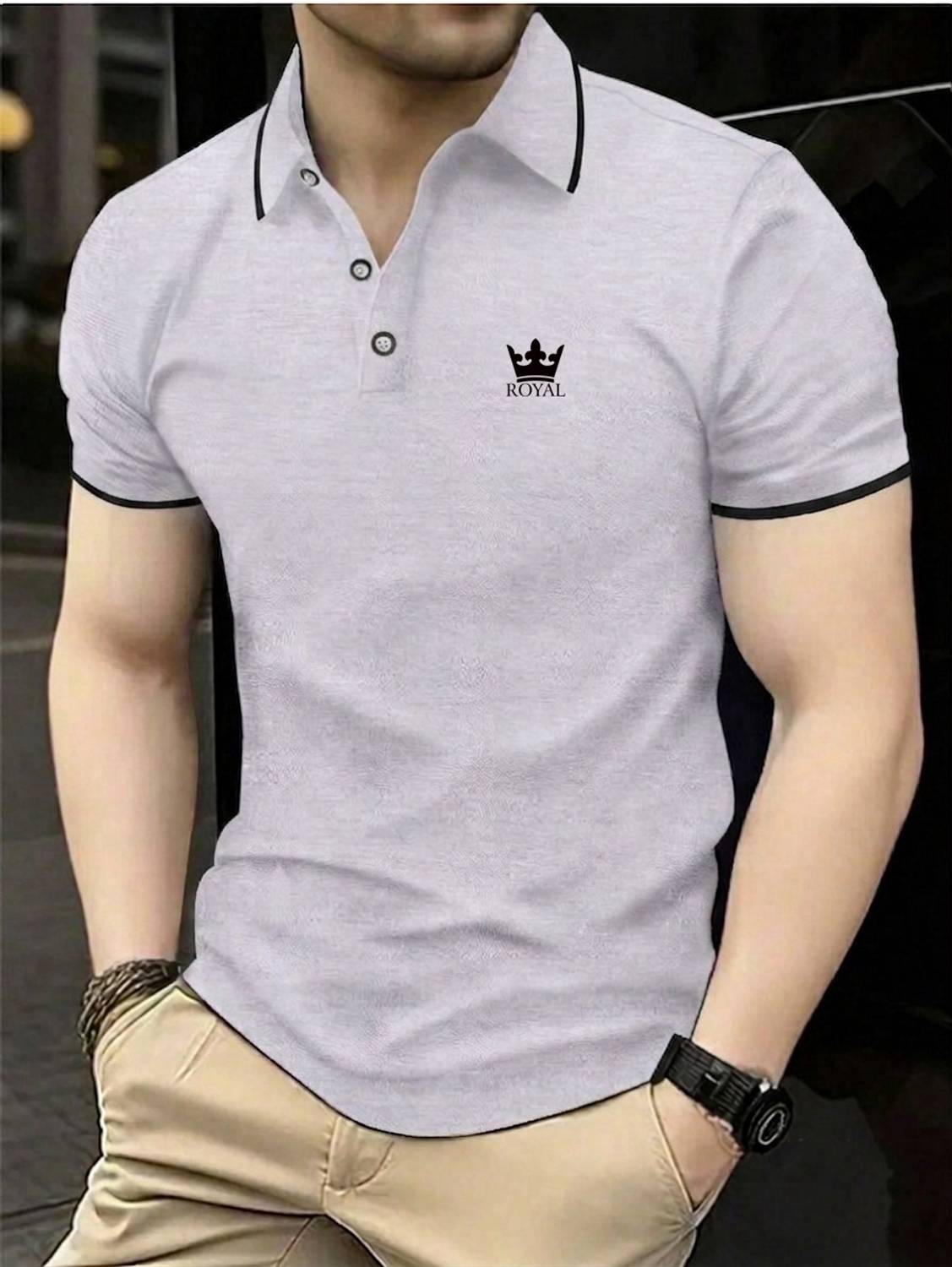 AACHIPAN Men Grey Polo Neck T-Shirt - Image 1
