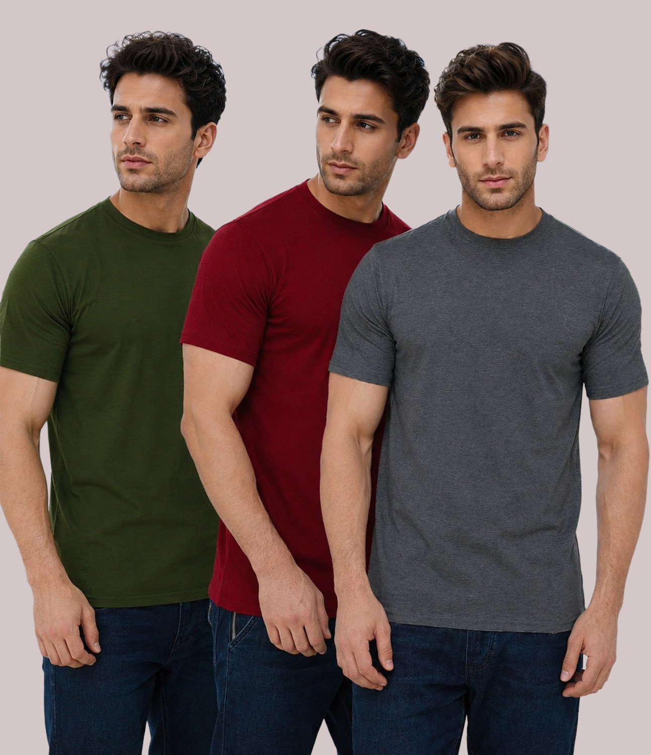 Image of London Hills Solid Men Round Neck Multicolor T-Shirt
