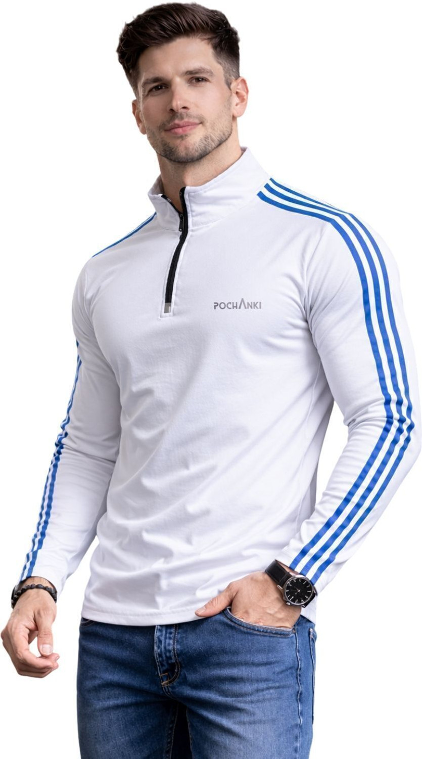 Image of Pochanki Striped Men Zip Neck Multicolor T-Shirt