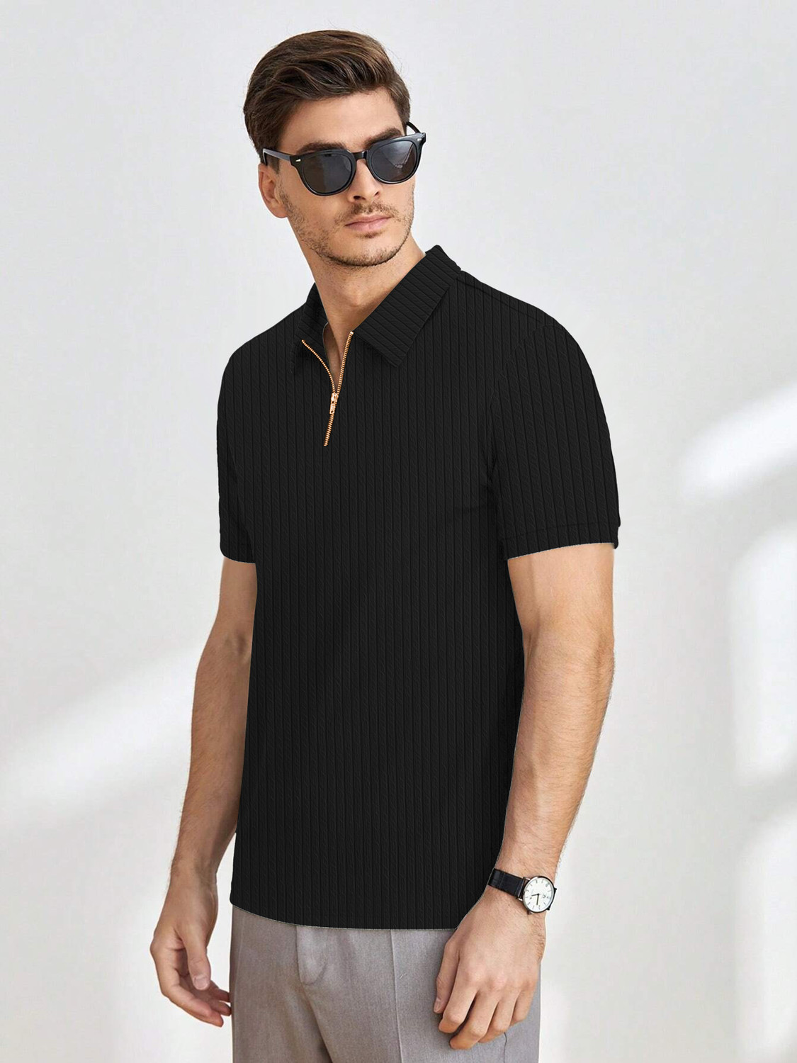 Image of KAJARU Self Design Men Polo Neck Black T-Shirt