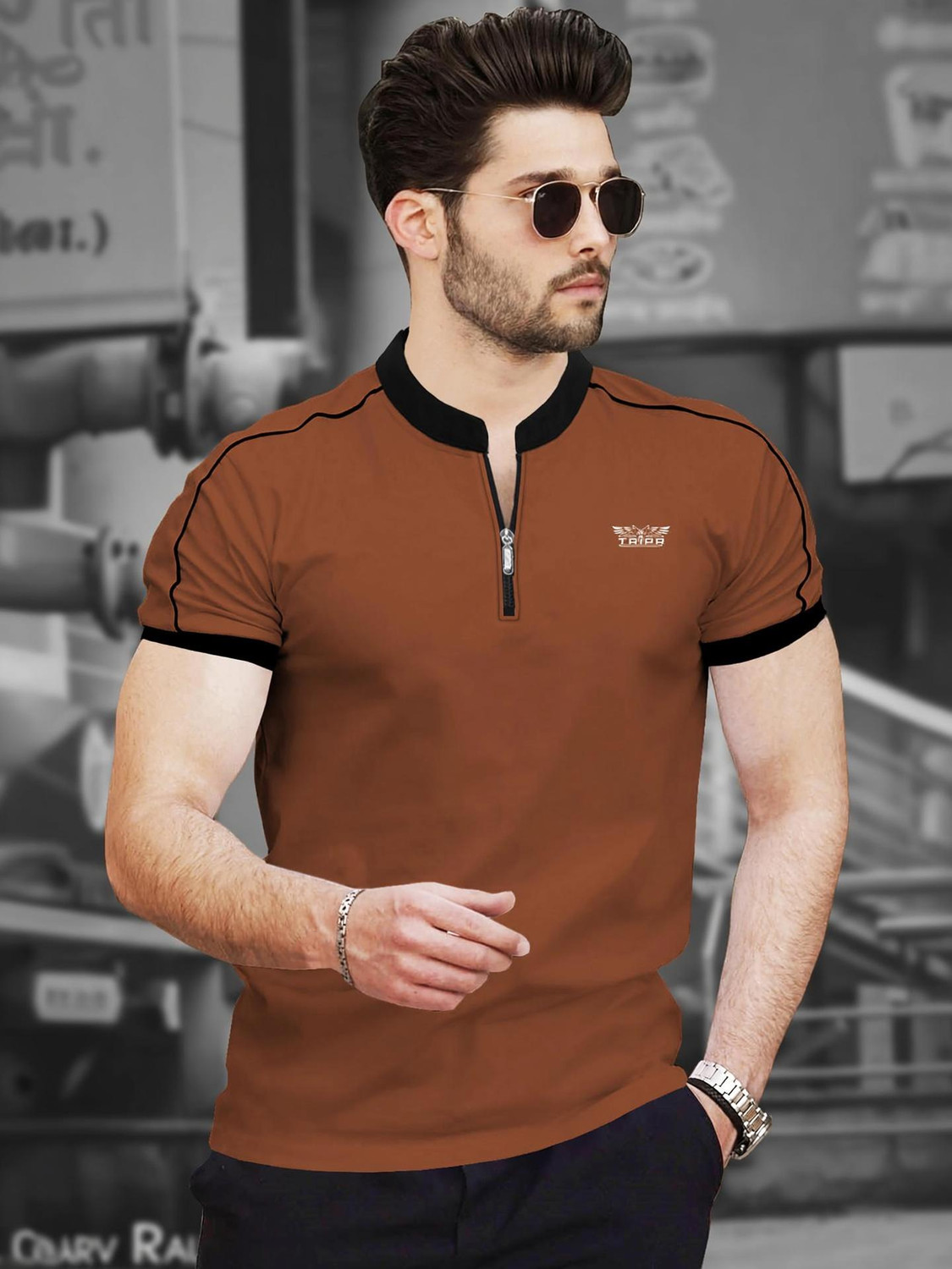 Image of TRIPR Solid Men Henley Neck Brown, Black T-Shirt