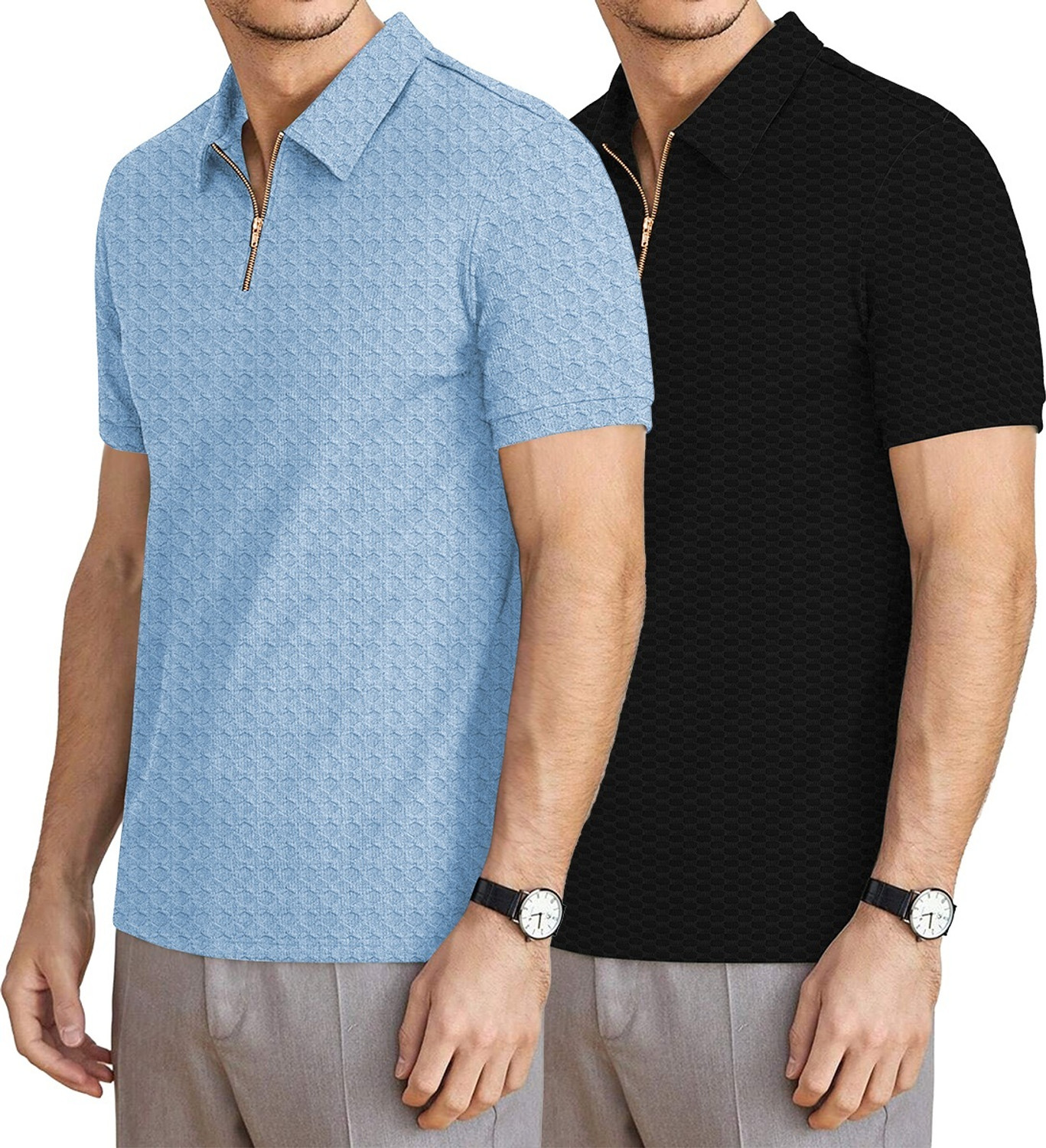 Image of KAJARU Self Design Men Zip Neck Black, Light Blue T-Shirt