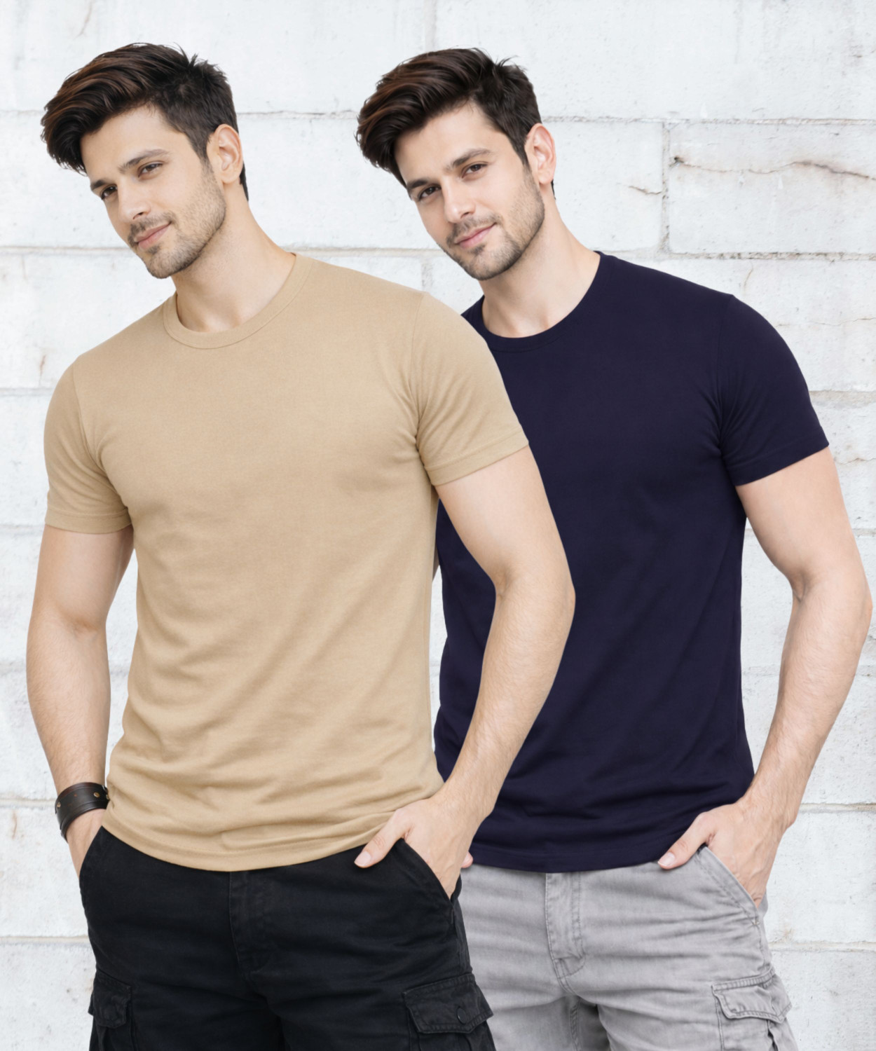 Image of SMARTRIX Solid Men Round Neck Beige, Navy Blue T-Shirt