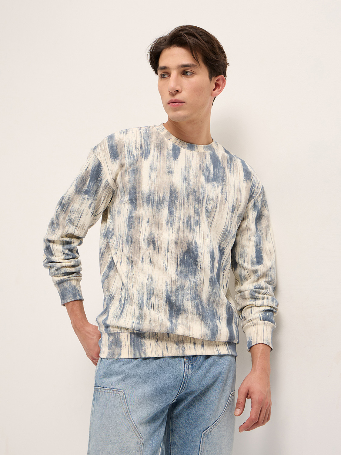 Image of THE BEAR HOUSE Self Design Men Crew Neck Blue T-Shirt