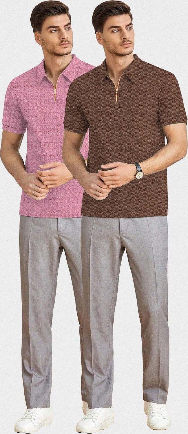 Image of KAJARU Self Design Men Zip Neck Pink, Brown T-Shirt