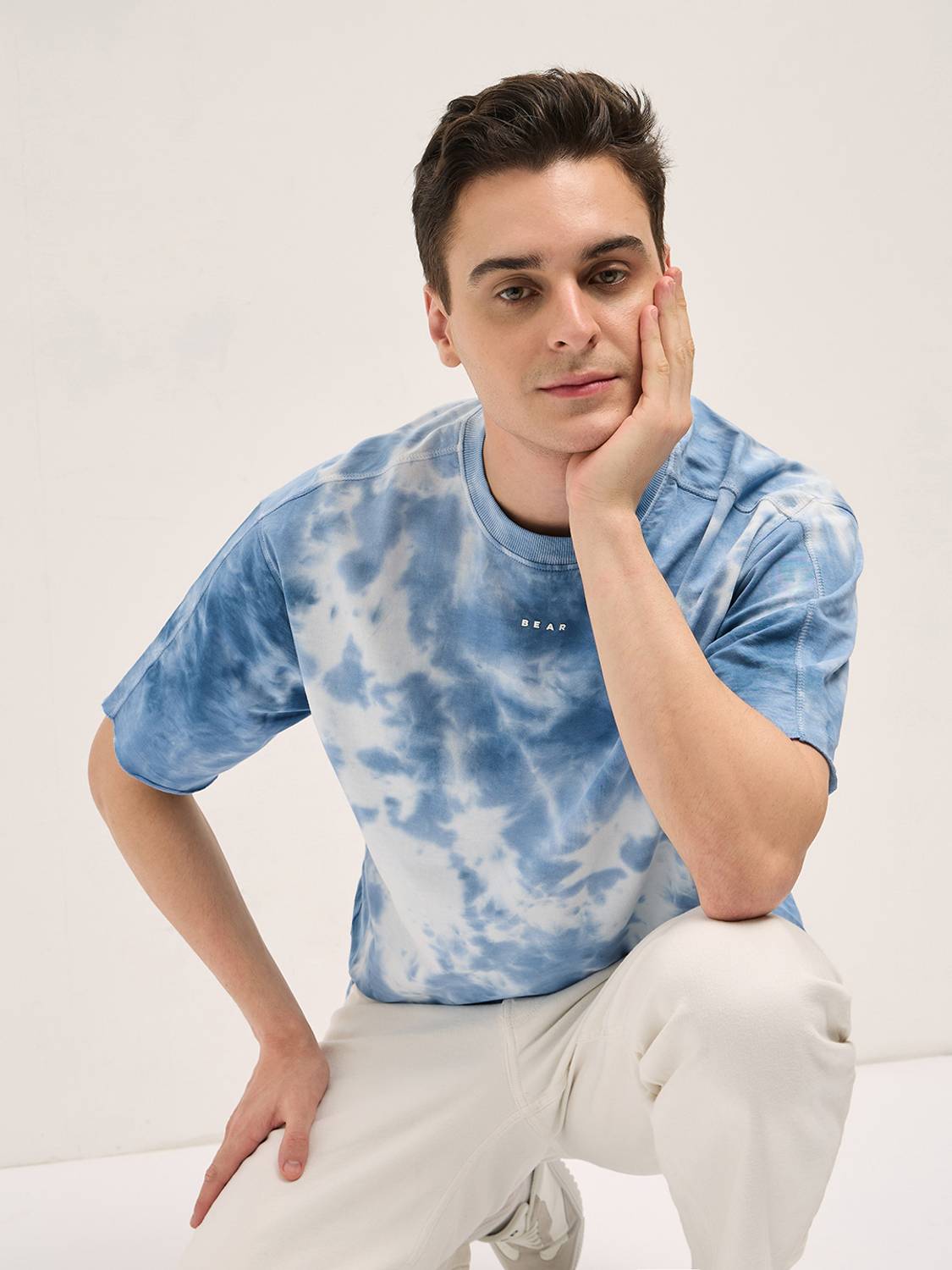 THE BEAR HOUSE Men Tie & Dye Round Neck Pure Cotton Blue T-Shirt