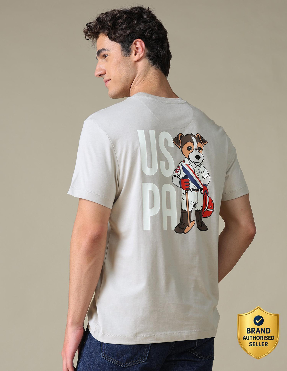 U.S. Polo Assn. Denim Co. Graphic Print Men Crew Neck Beige T-Shirt