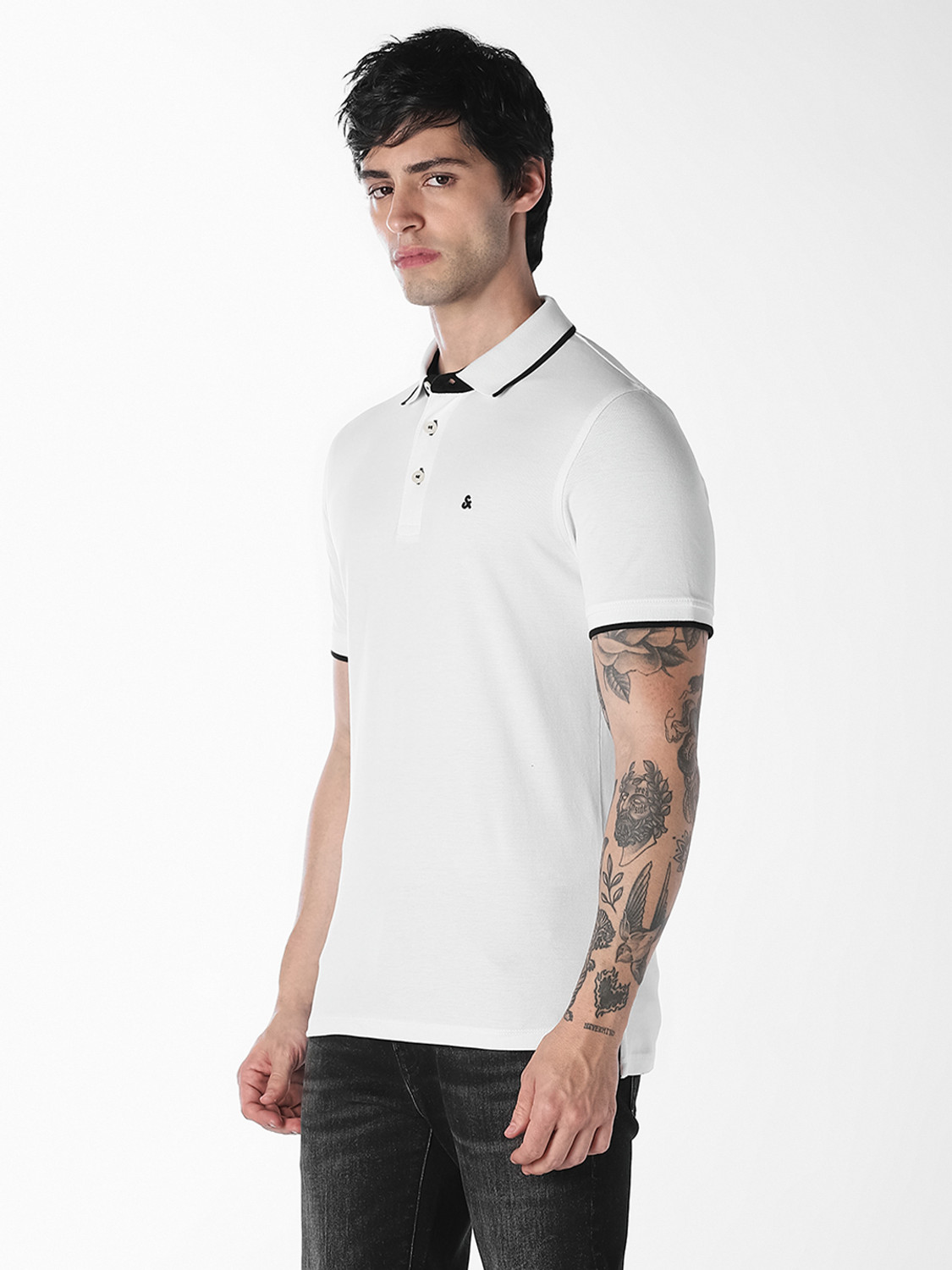 Image of JACK & JONES Colorblock Men Polo Neck White T-Shirt