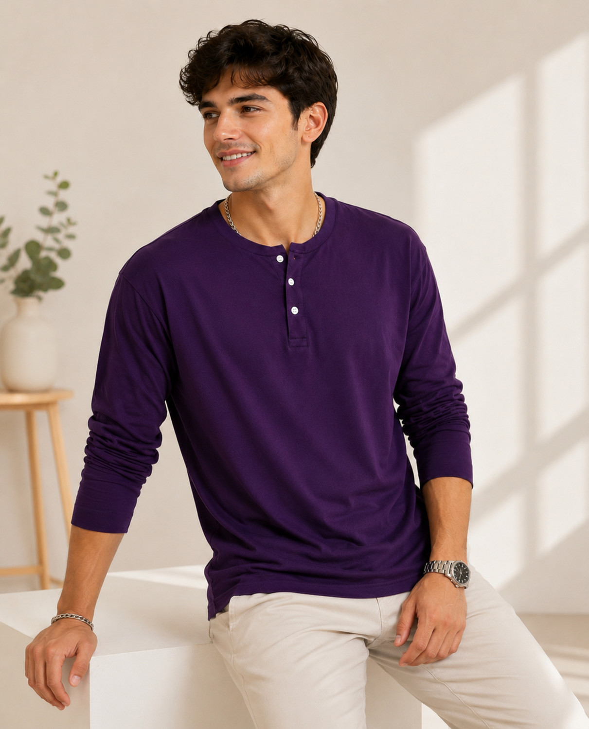 Image of Creation By London Hills Solid Men Round Neck Purple T-Shirt