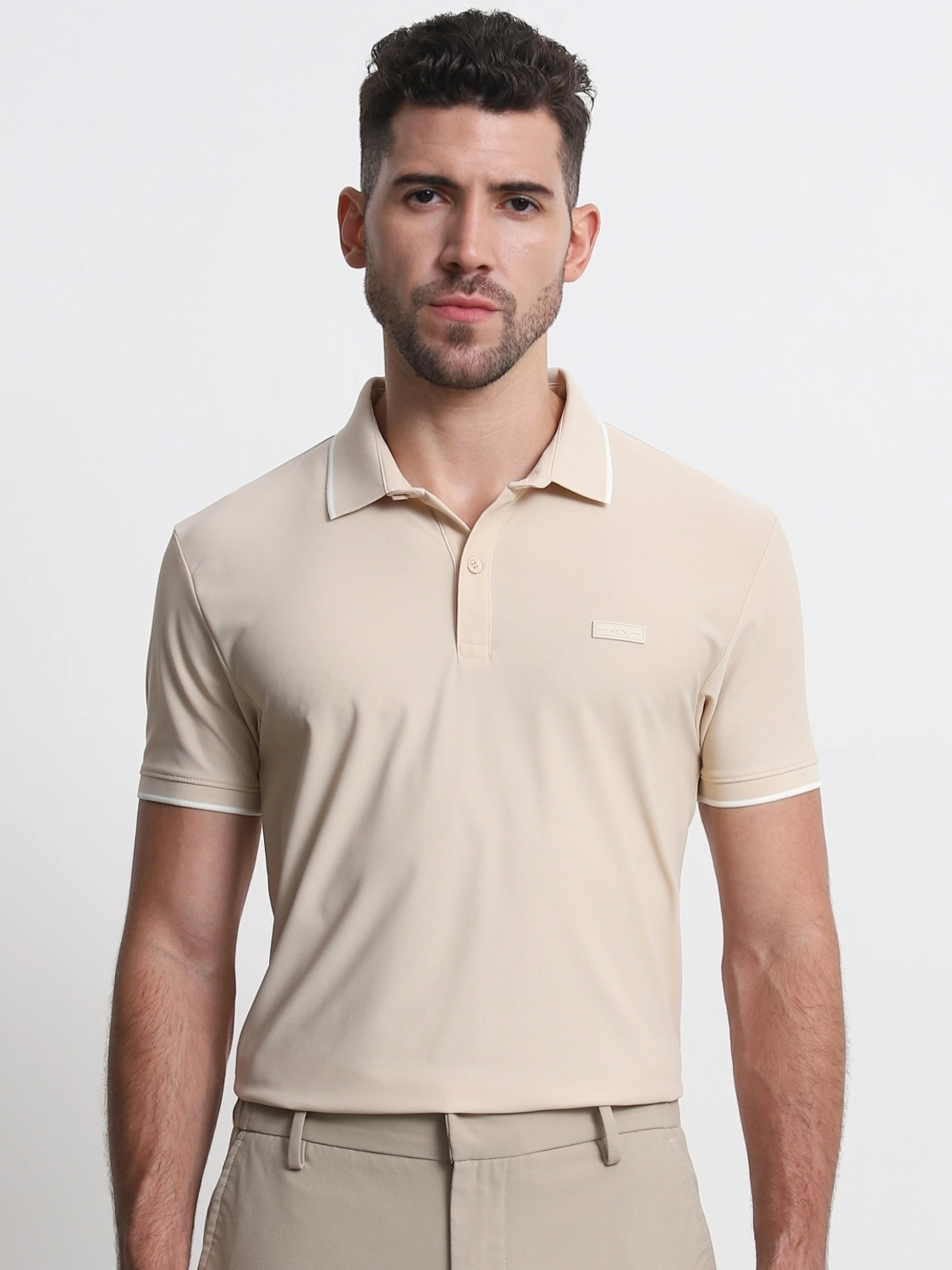 Image of MUFTI Self Design Men Polo Neck Beige T-Shirt