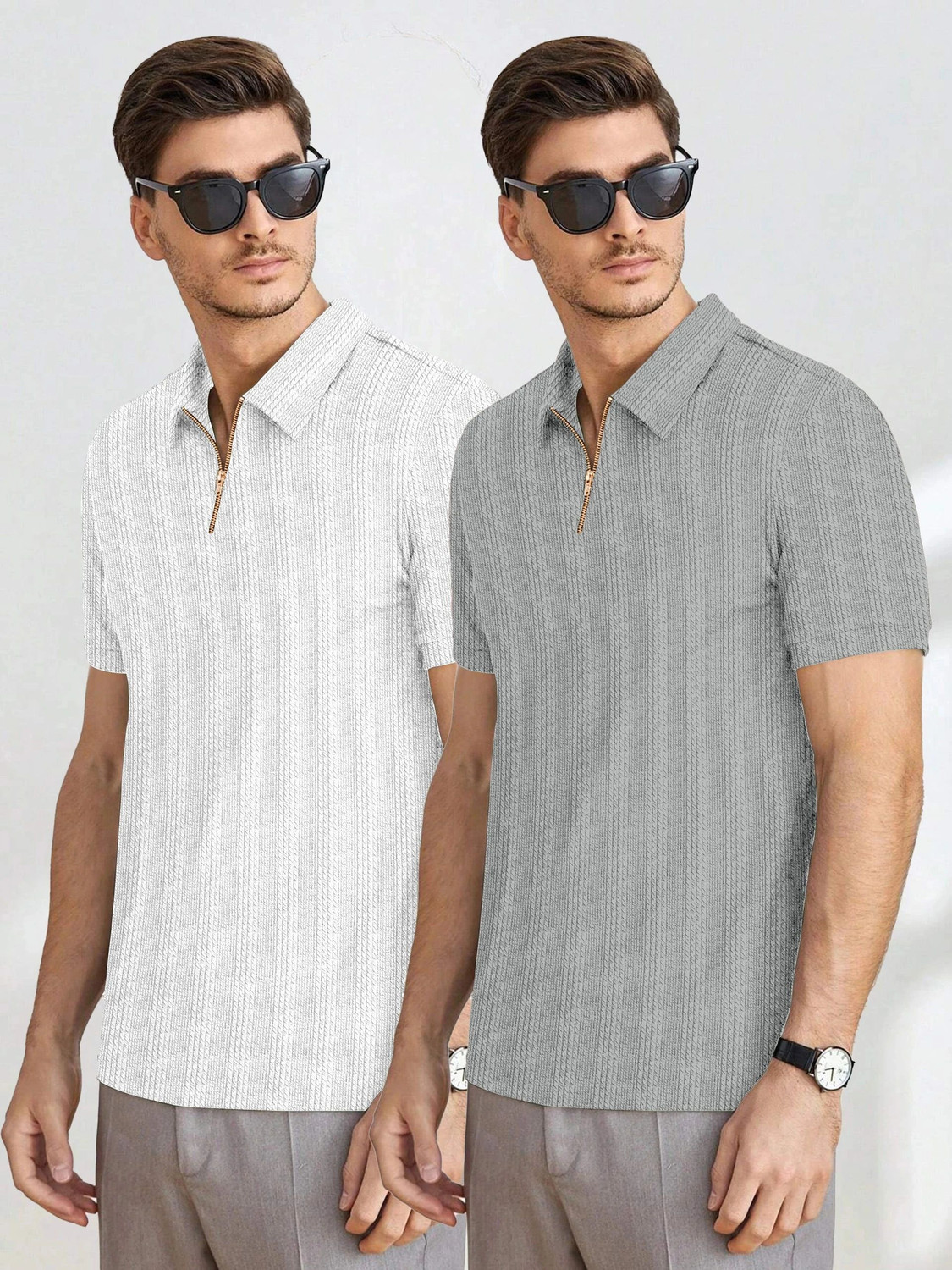 Image of COMBRAIDED Striped Men Zip Neck Grey, White T-Shirt