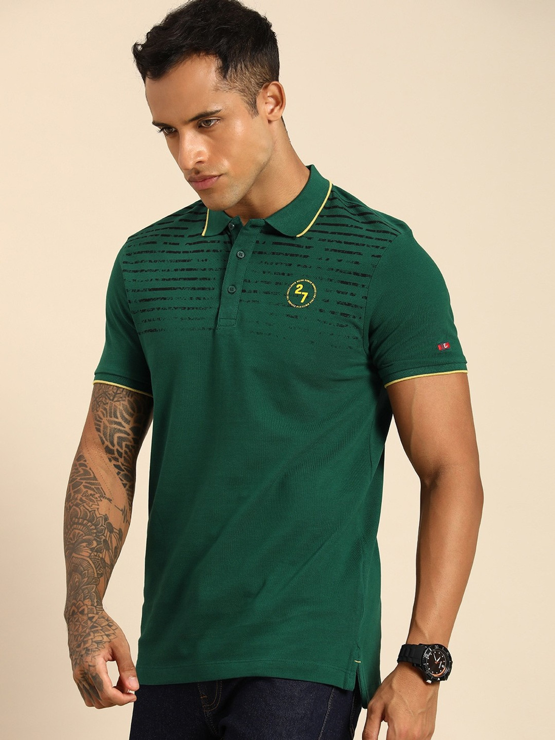 Image of BEING HUMAN Striped Men Polo Neck Green T-Shirt
