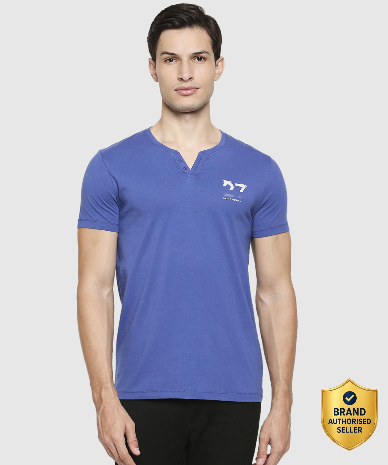 Image of BEING HUMAN Solid Men Henley Neck Blue T-Shirt