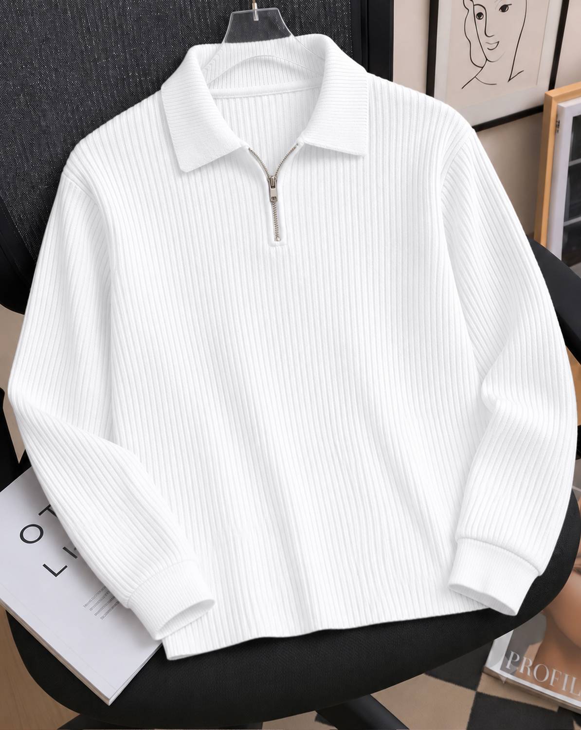 Flipkart SmartBuy Men Zip Neck White T-Shirt - Image 1
