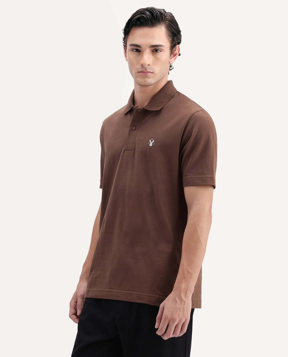 Image of RARE RABBIT Solid Men Polo Neck Brown T-Shirt