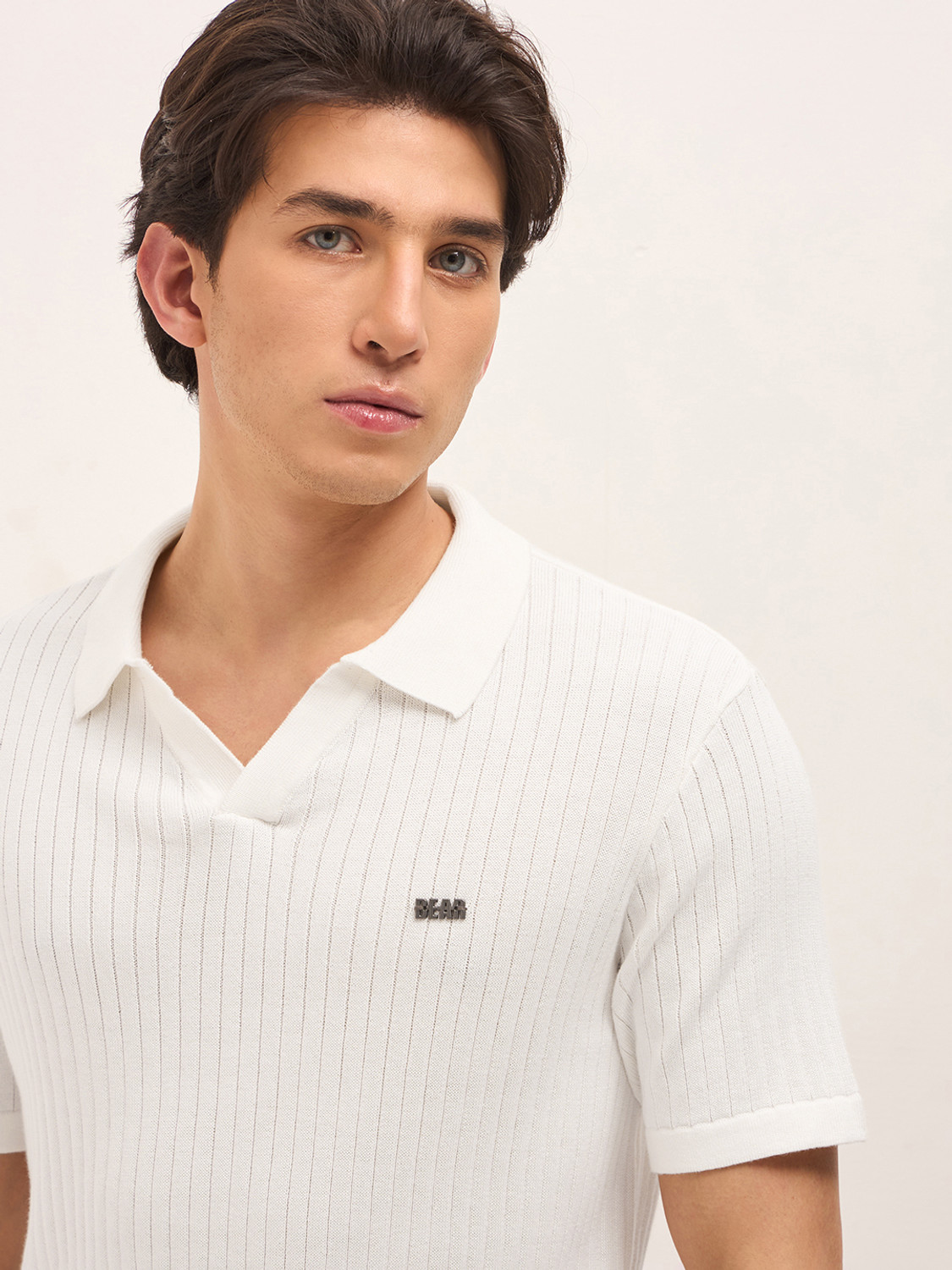 Image of THE BEAR HOUSE Striped Men Polo Neck White T-Shirt