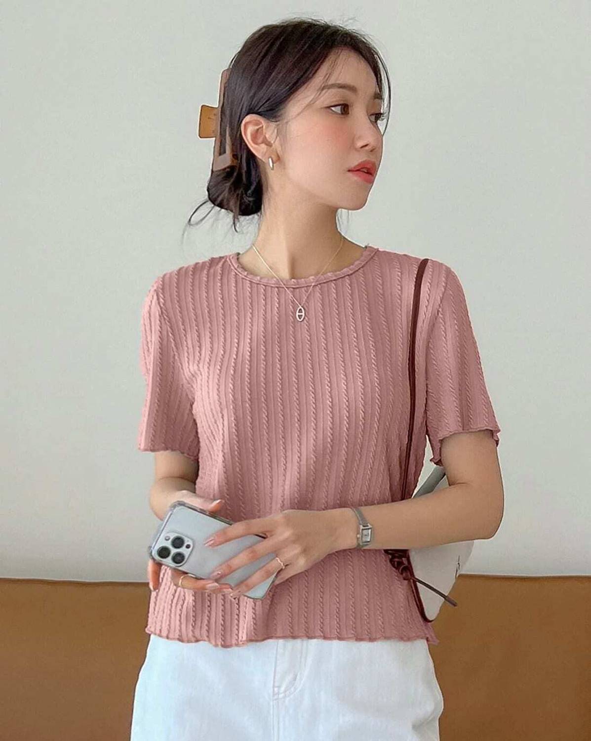 1stLov Self Design Women Round Neck Pink T-Shirt