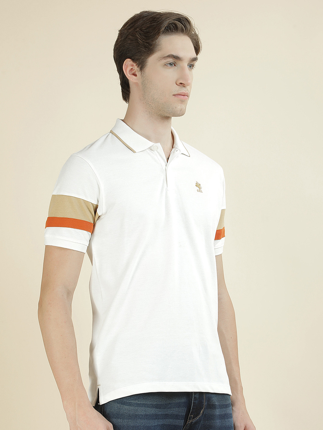 Image of CANTABIL Colorblock Men Polo Neck White T-Shirt