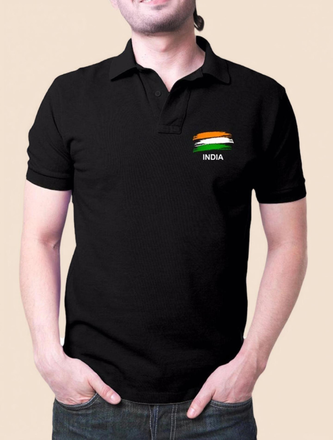 Image of Spohub Men Printed Polo Neck Polycotton Black T-Shirt