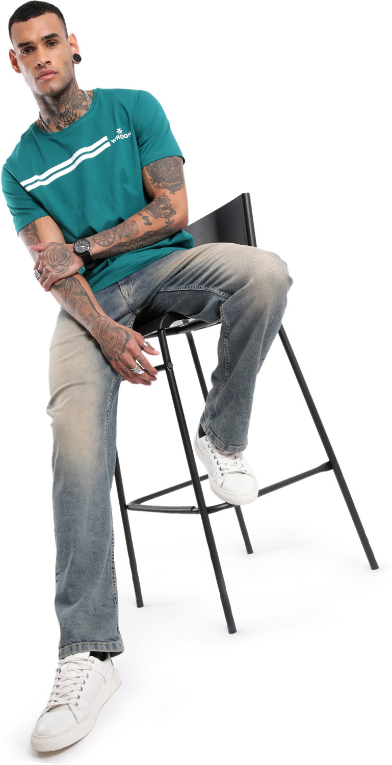Image of WROGN Solid Men Crew Neck Blue T-Shirt