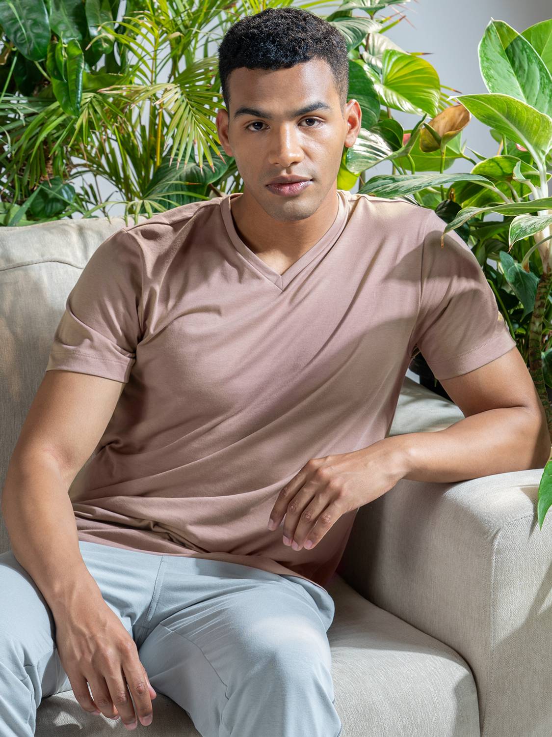 Damensch Men Solid V Neck Cotton Blend Pink T-Shirt