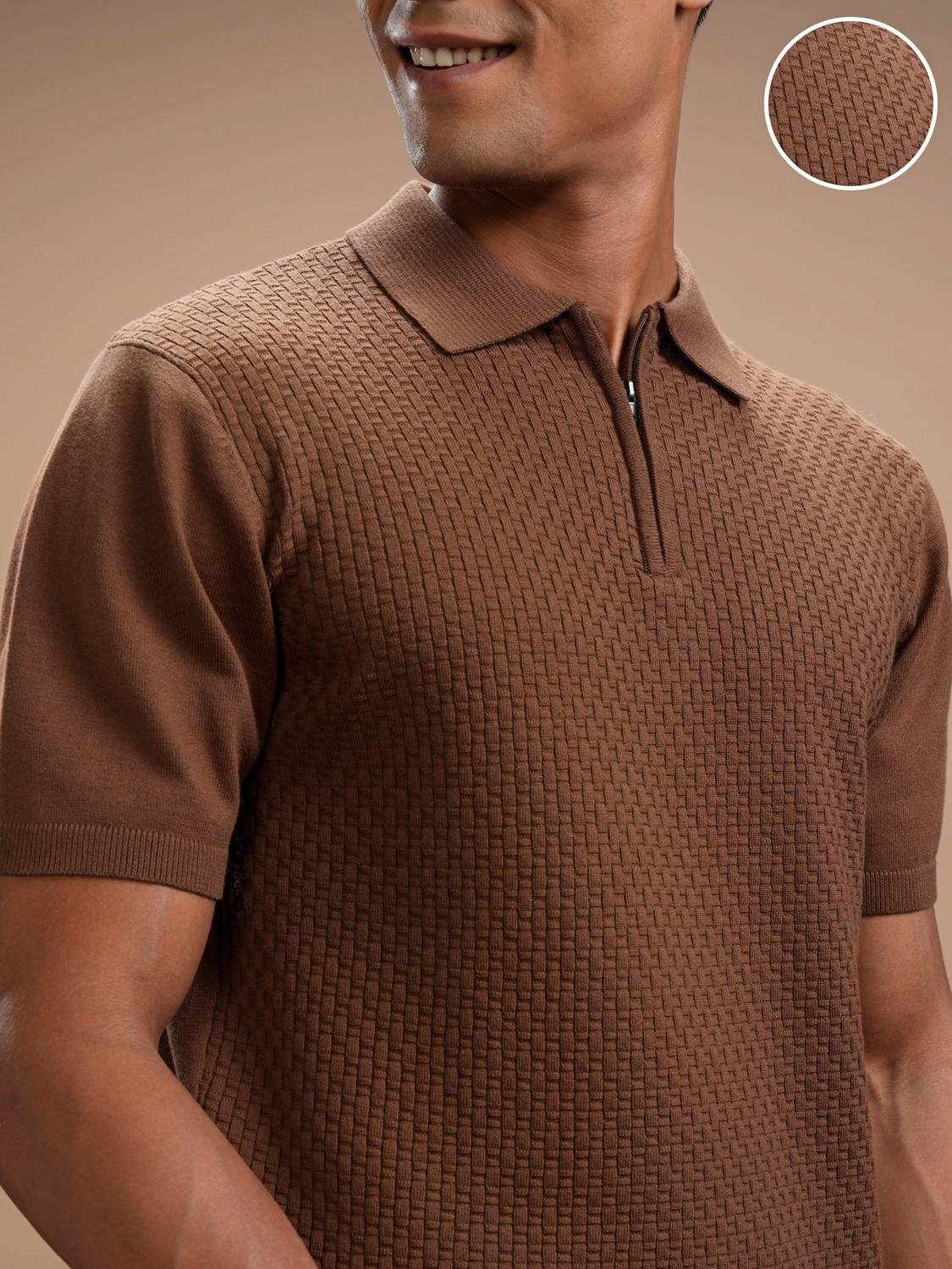 Image of HIGHLANDER Self Design Men Polo Neck Brown T-Shirt