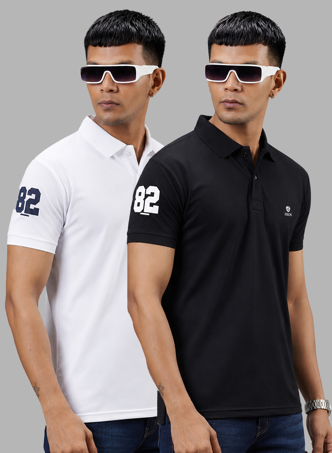 Image of 3BROS Printed Men Polo Neck White, Black T-Shirt