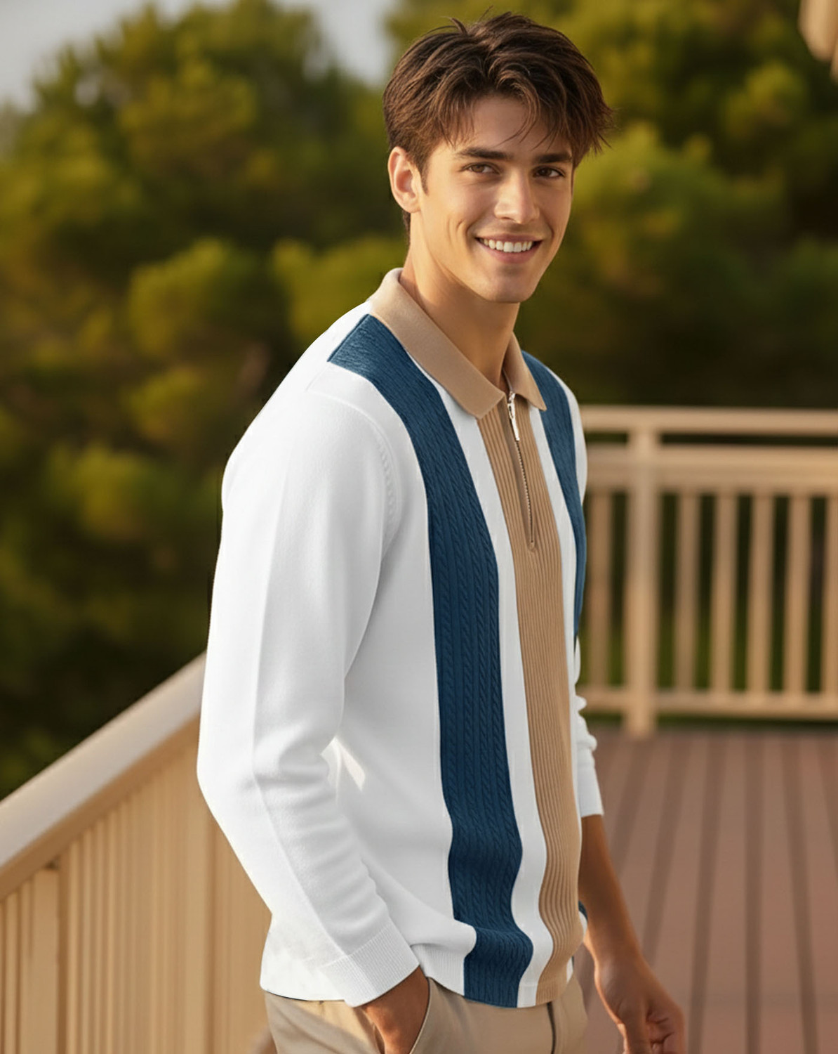 Image of AUSK Colorblock Men Zip Neck White, Dark Blue T-Shirt