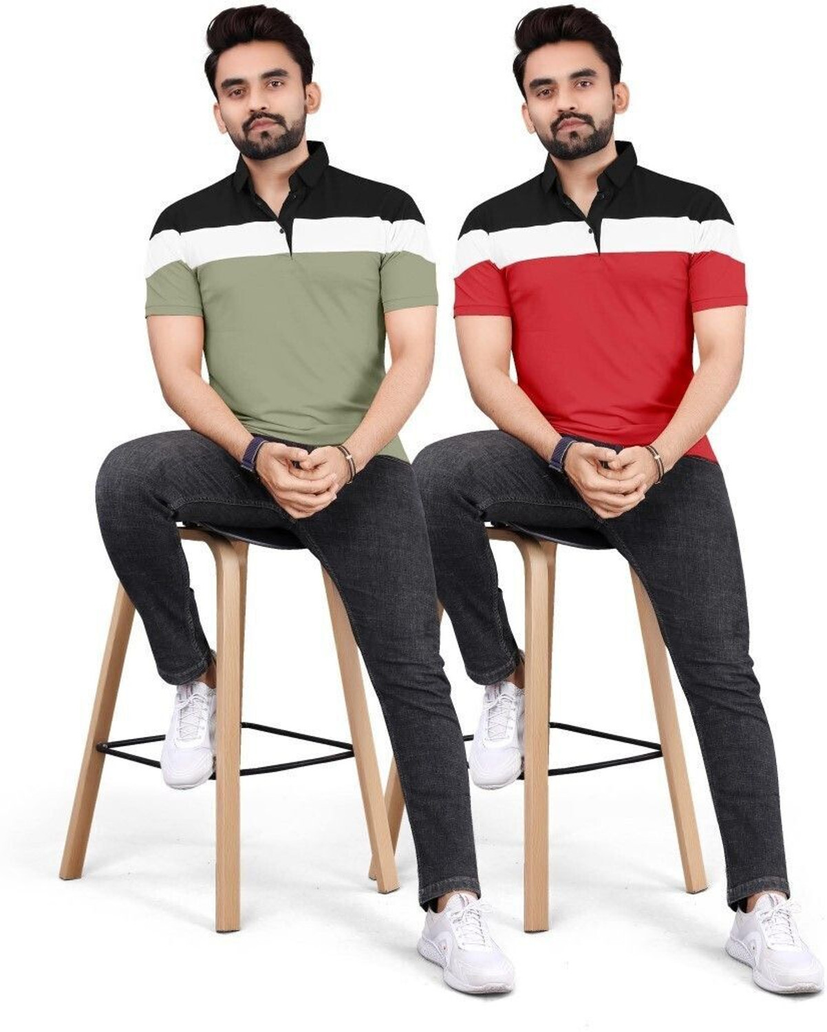 Image of rggarment Colorblock Men Polo Neck Red, Dark Green T-Shirt