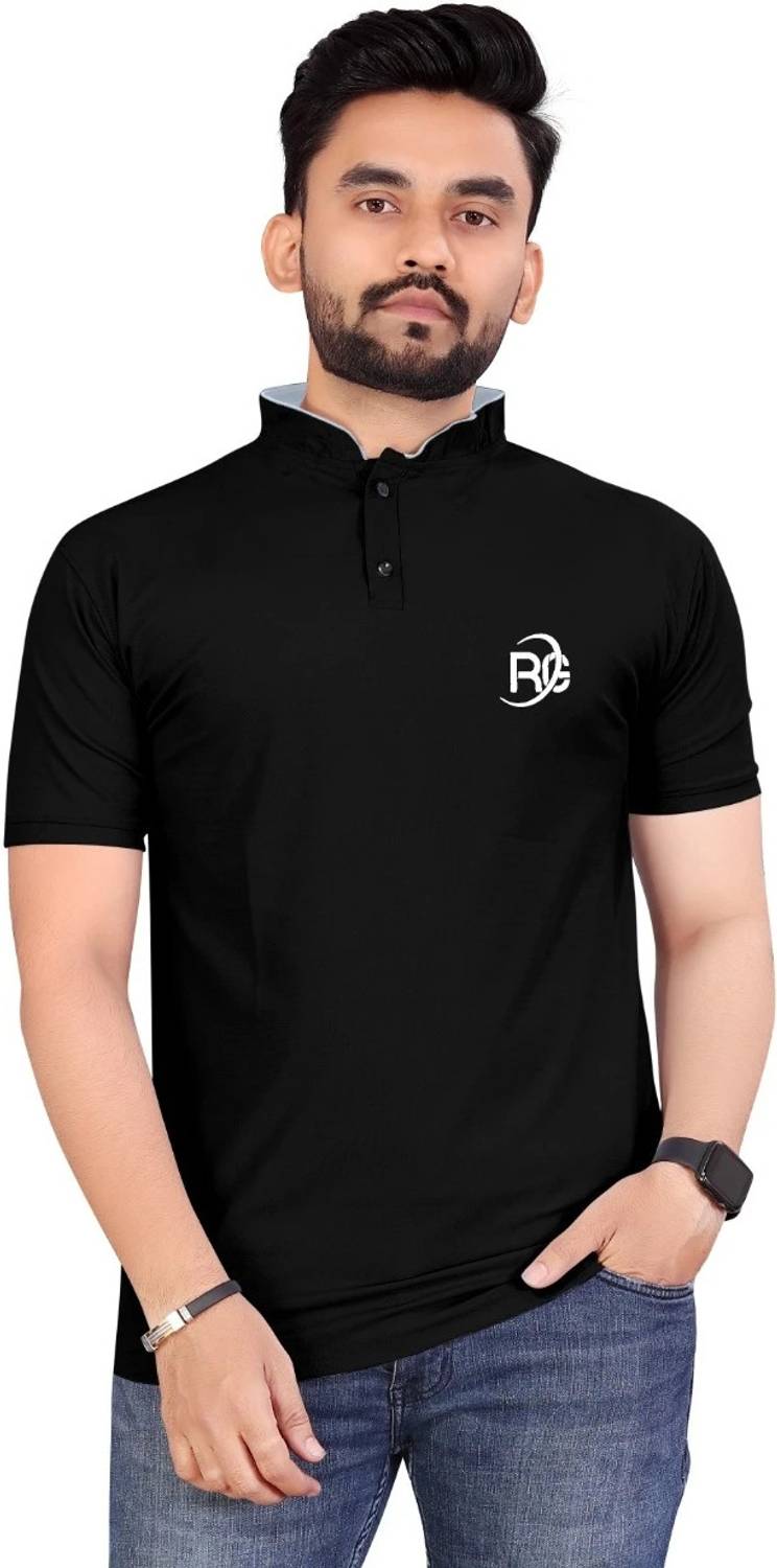 rggarment Men Solid Mandarin Collar Cotton Blend Black T-Shirt