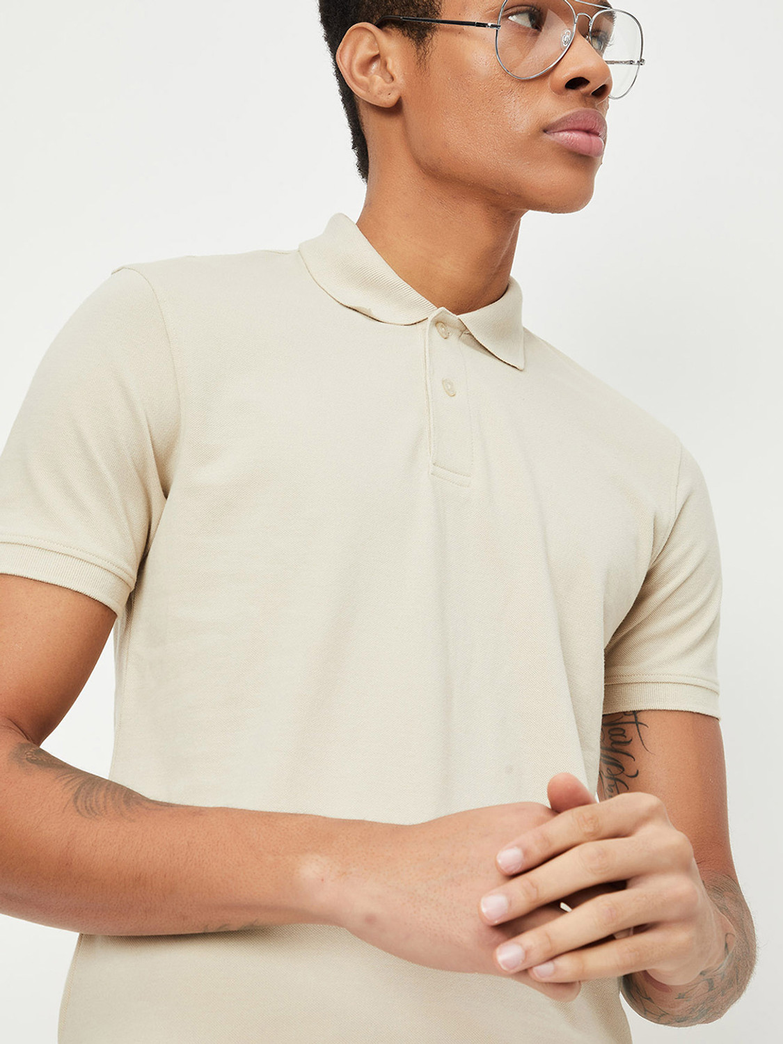 Image of MAX Self Design Men Polo Neck Beige T-Shirt