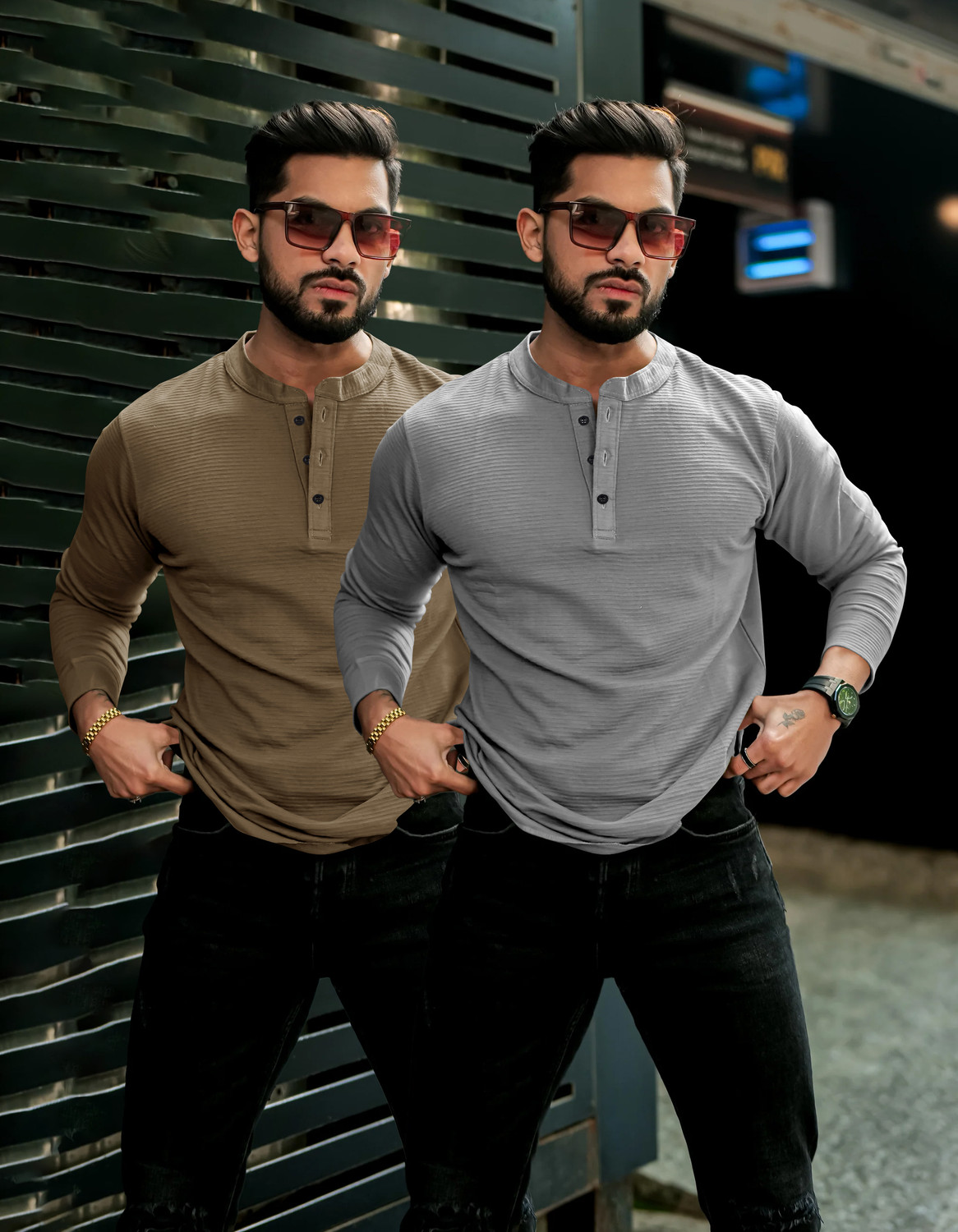 Image of Rufica Self Design Men Mandarin Collar Multicolor T-Shirt