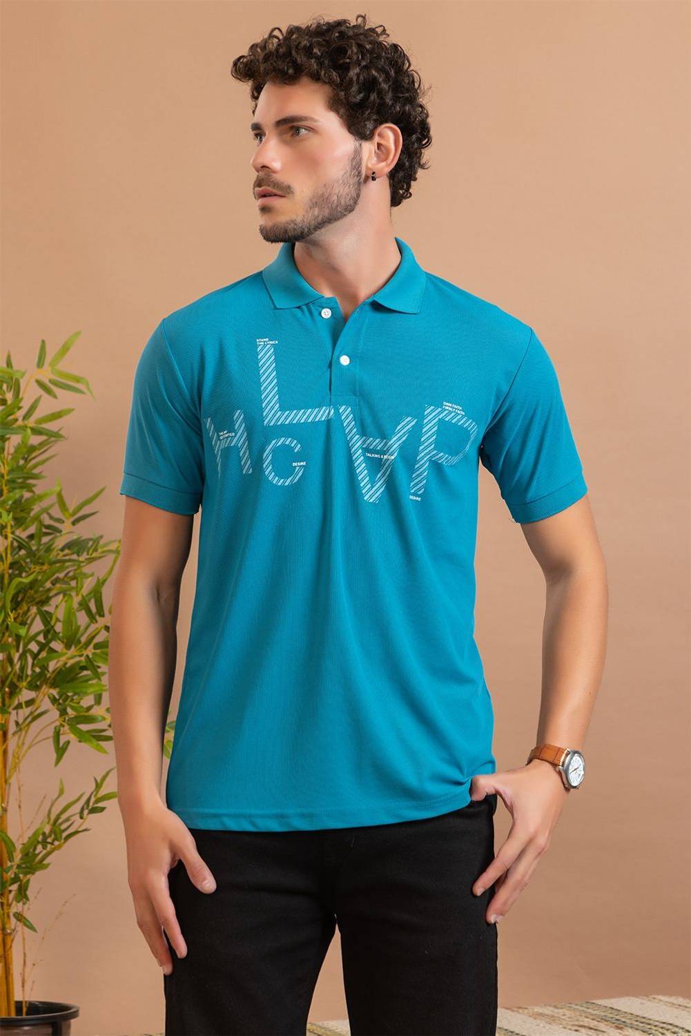 Zeffit Men Graphic Print Polo Neck Cotton Blend Blue T-Shirt