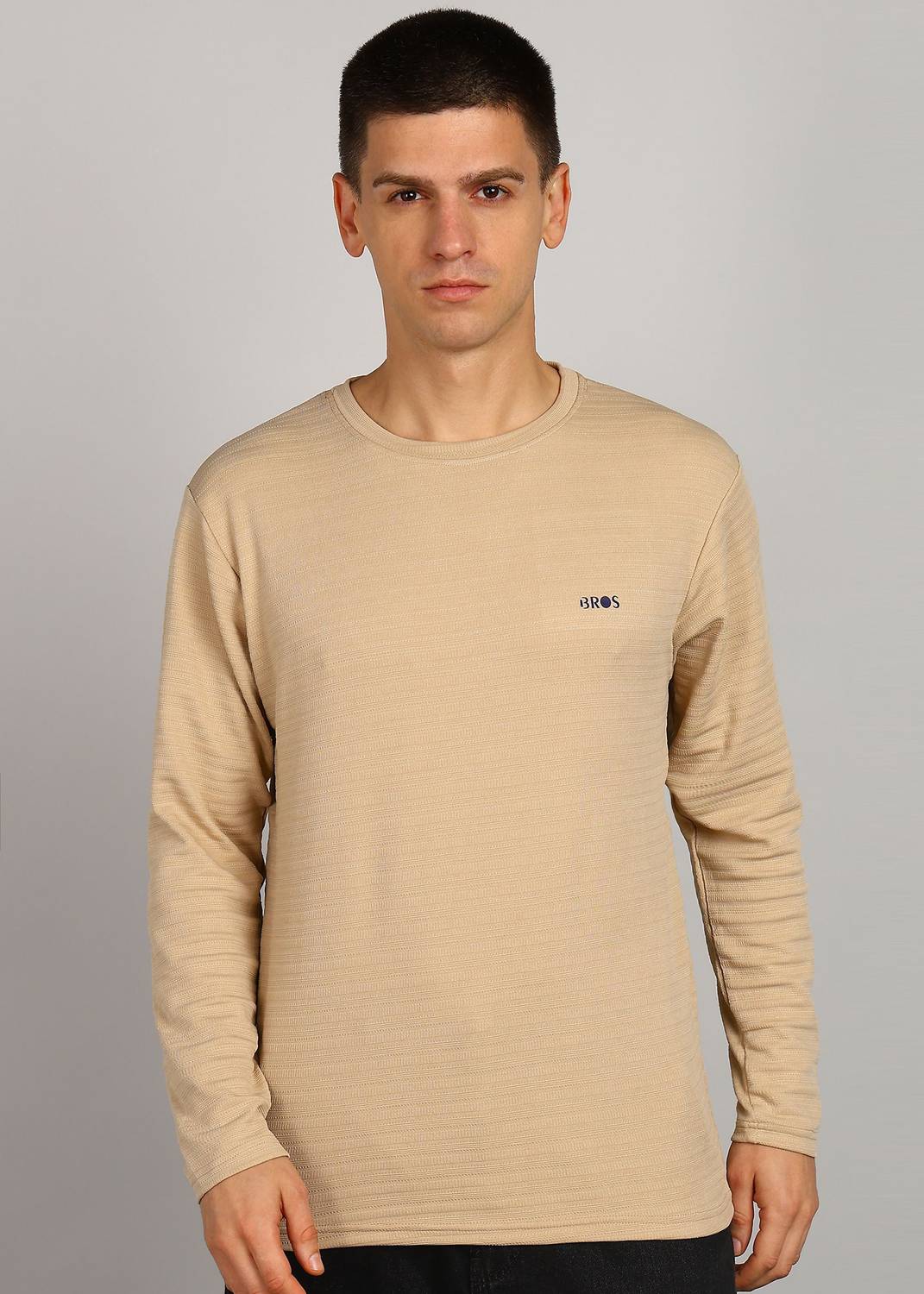 3BROS Solid Men Round Neck Beige T-Shirt