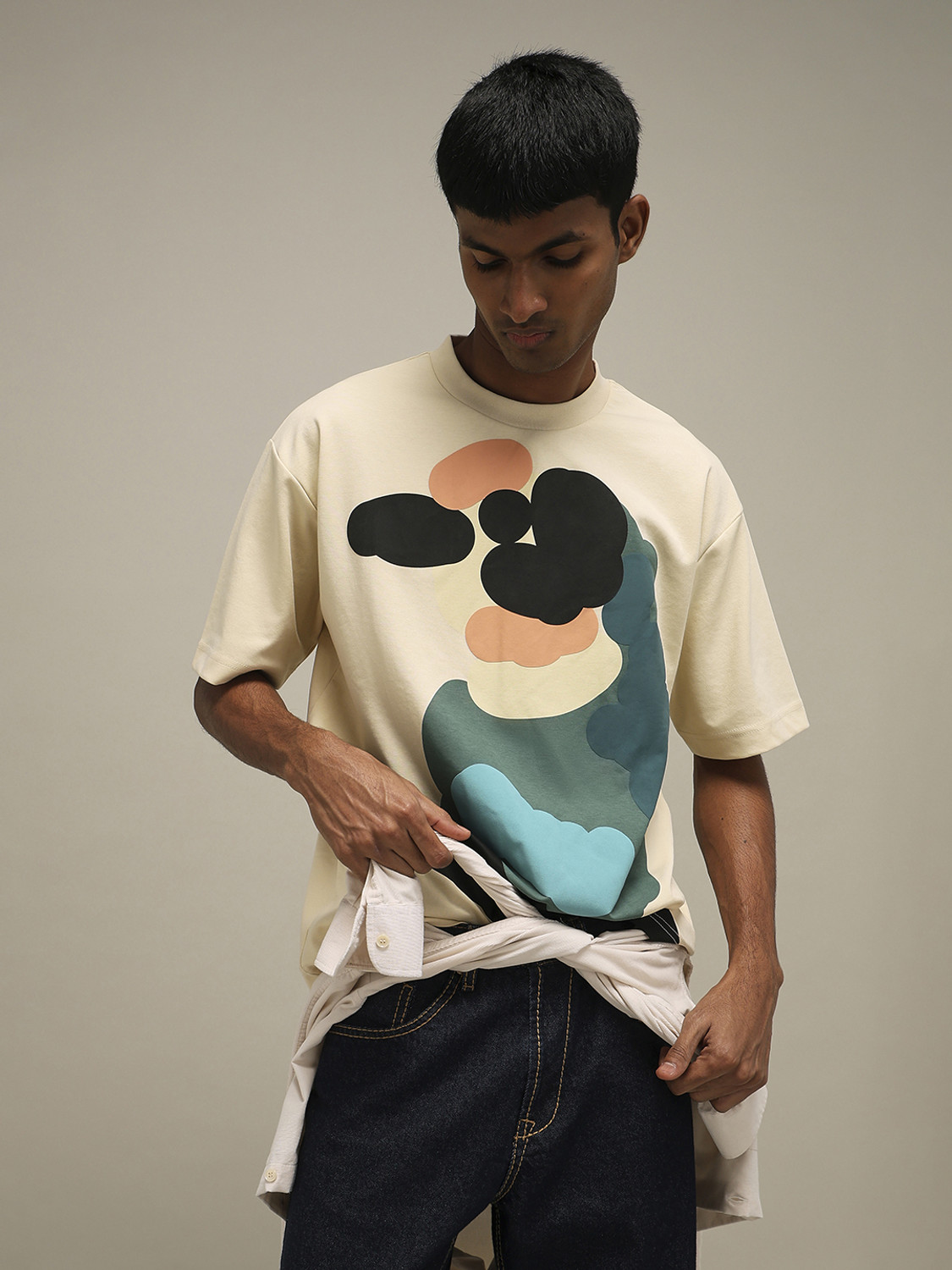 Image of MUFTI Printed Men Crew Neck Beige T-Shirt